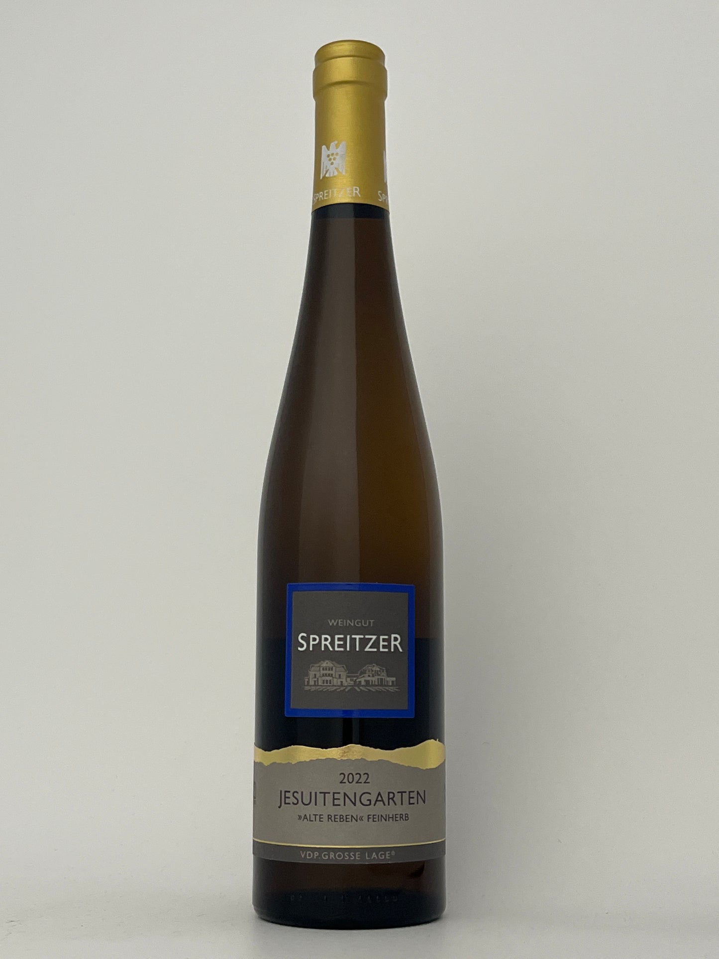 Bottle of Spreitzer, Riesling, Feinherb, "Alte Reben," Jesuitengarten, Rheingau, Germany 2022 in a white backround.