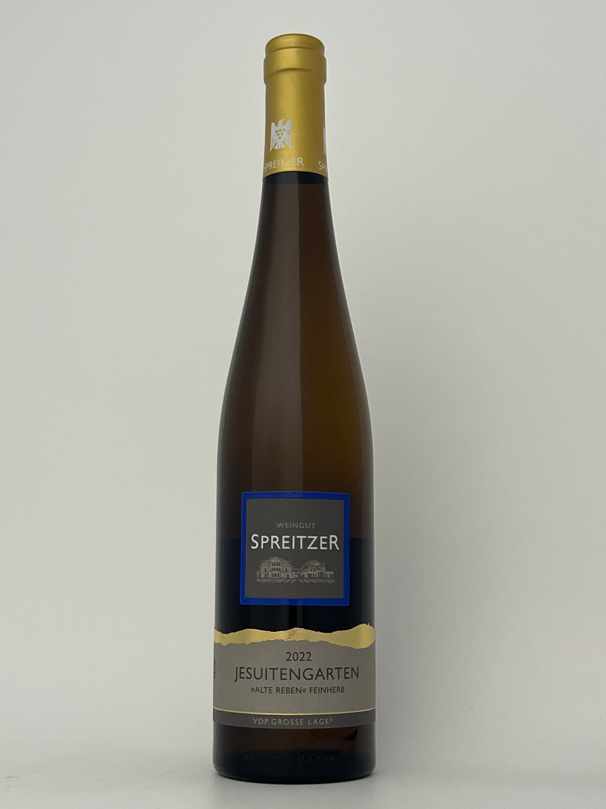 Bottle of Spreitzer, Riesling, Feinherb, "Alte Reben," Jesuitengarten, Rheingau, Germany 2022 in a white backround.