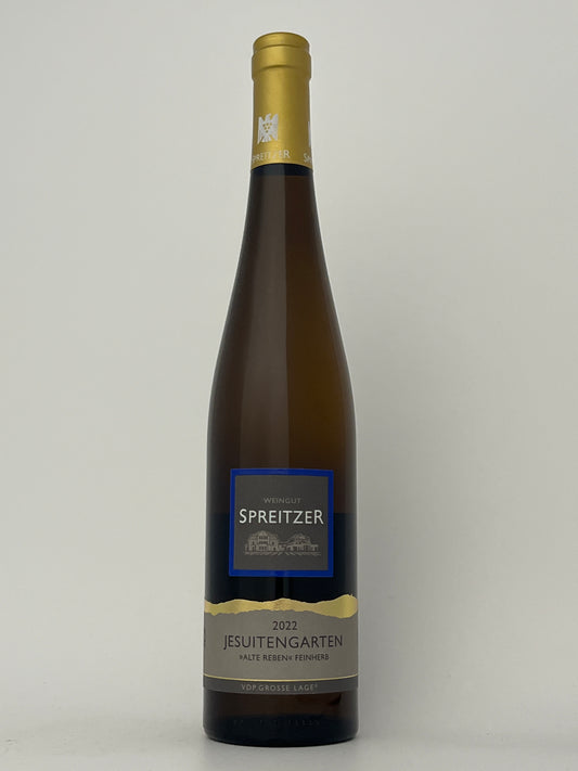 Bottle of Spreitzer, Riesling, Feinherb, "Alte Reben," Jesuitengarten, Rheingau, Germany 2022 in a white backround.