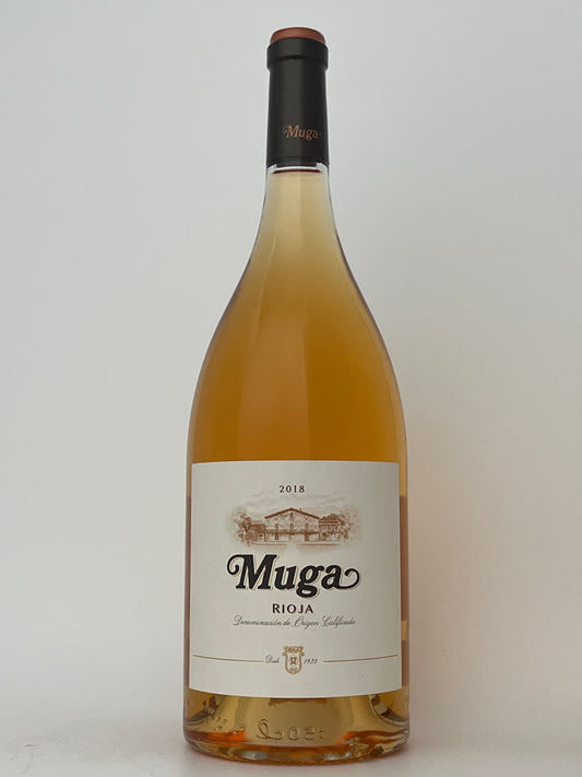 Bottle of Muga, Rose of Tempranillo, Rioja, Spain 2018 (Magnum) in a white backround.