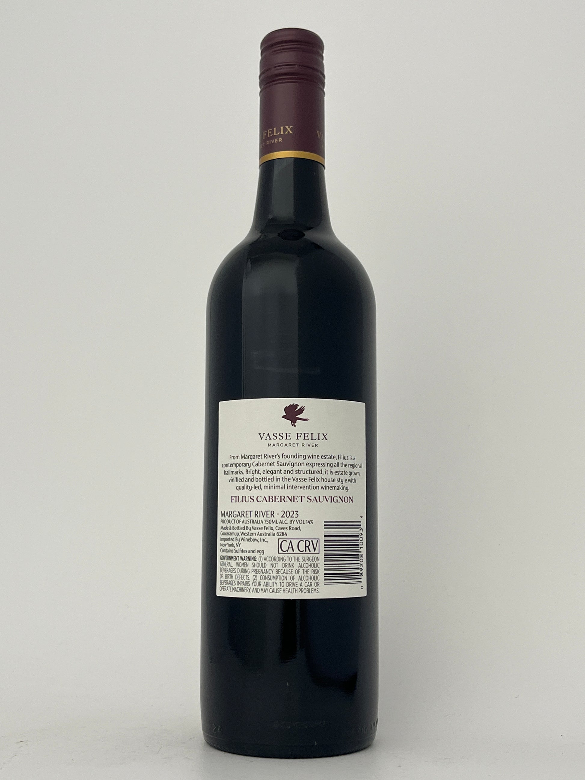 Back label of a bottle of Vasse Felix, Cabernet Sauvignon, "Filius," Margaret River, Western Australia, Australia 2023 in a white backround.