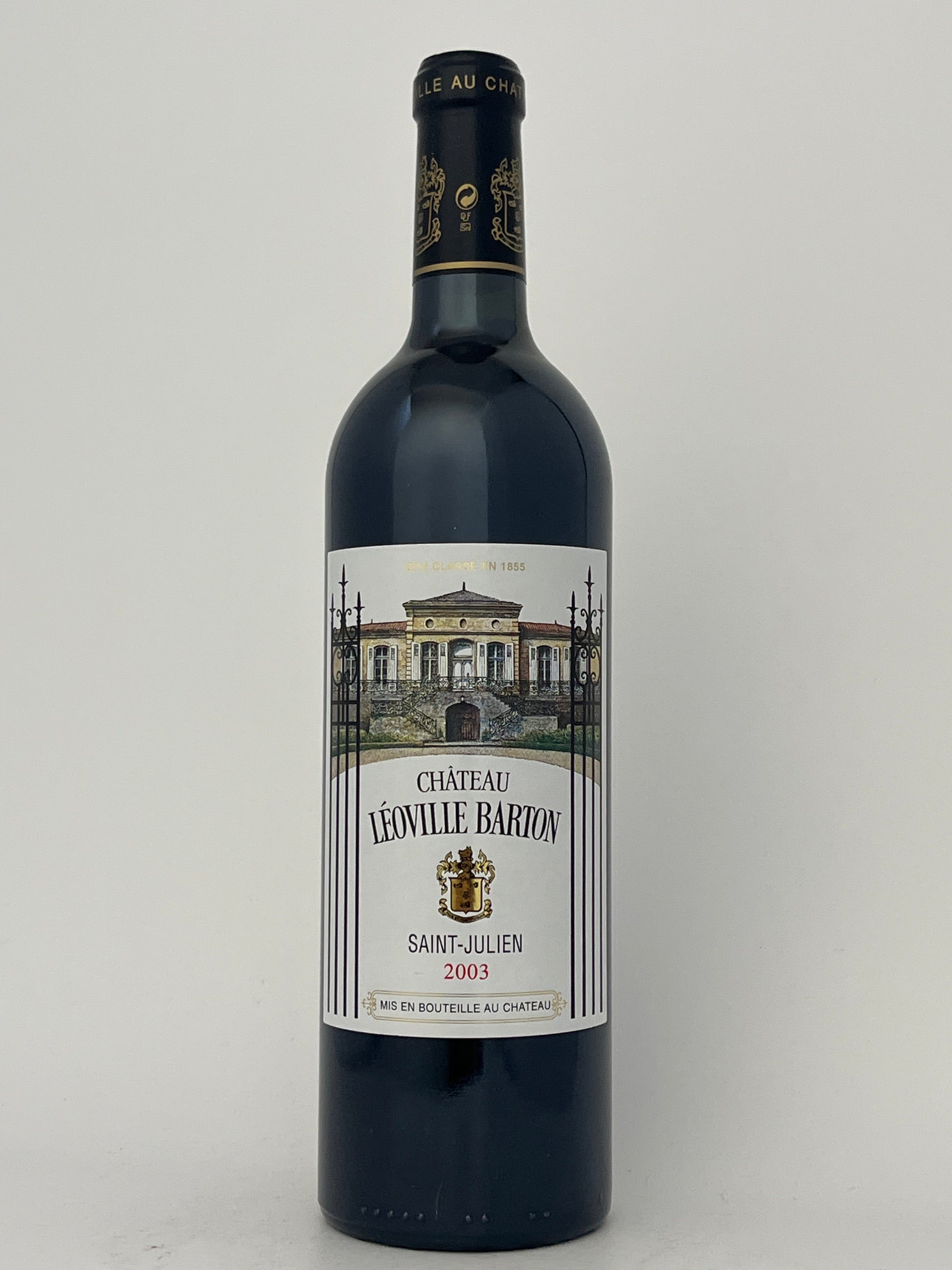 Bottle of Chateau Leoville Barton, Cabernet Sauvignon, Saint-Julien, Bordeaux, France 2003 in a white backround.