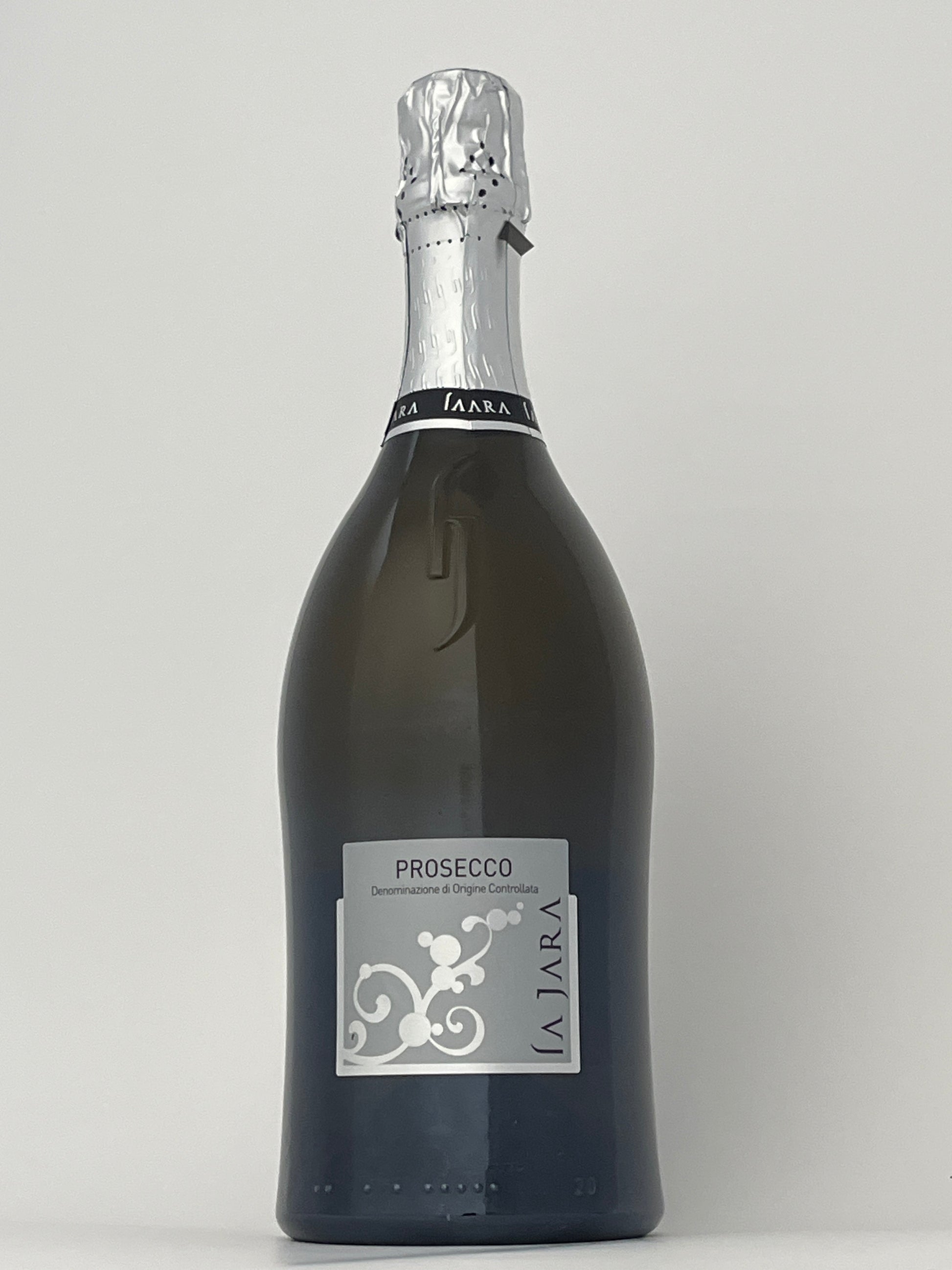 Bottle of La Jara, Prosecco, Veneto, Italy NV in a white backround.	