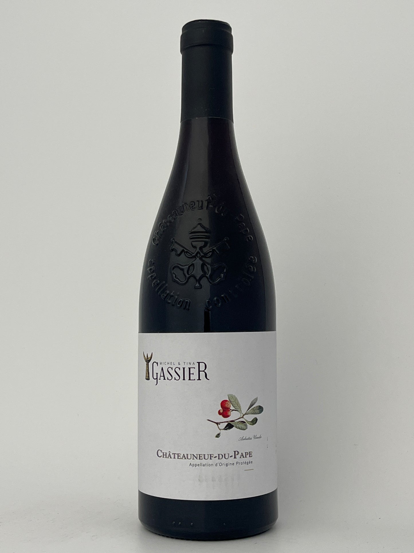Bottle of Gassier, Grenache, Chateauneuf-du-Pape, Rhone, France 2021 in a white backround.