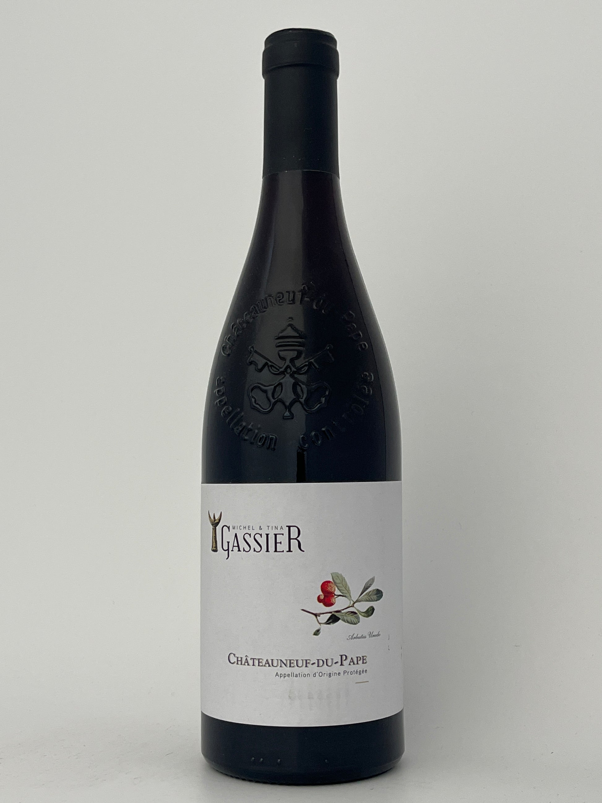 Bottle of Gassier, Grenache, Chateauneuf-du-Pape, Rhone, France 2021 in a white backround.