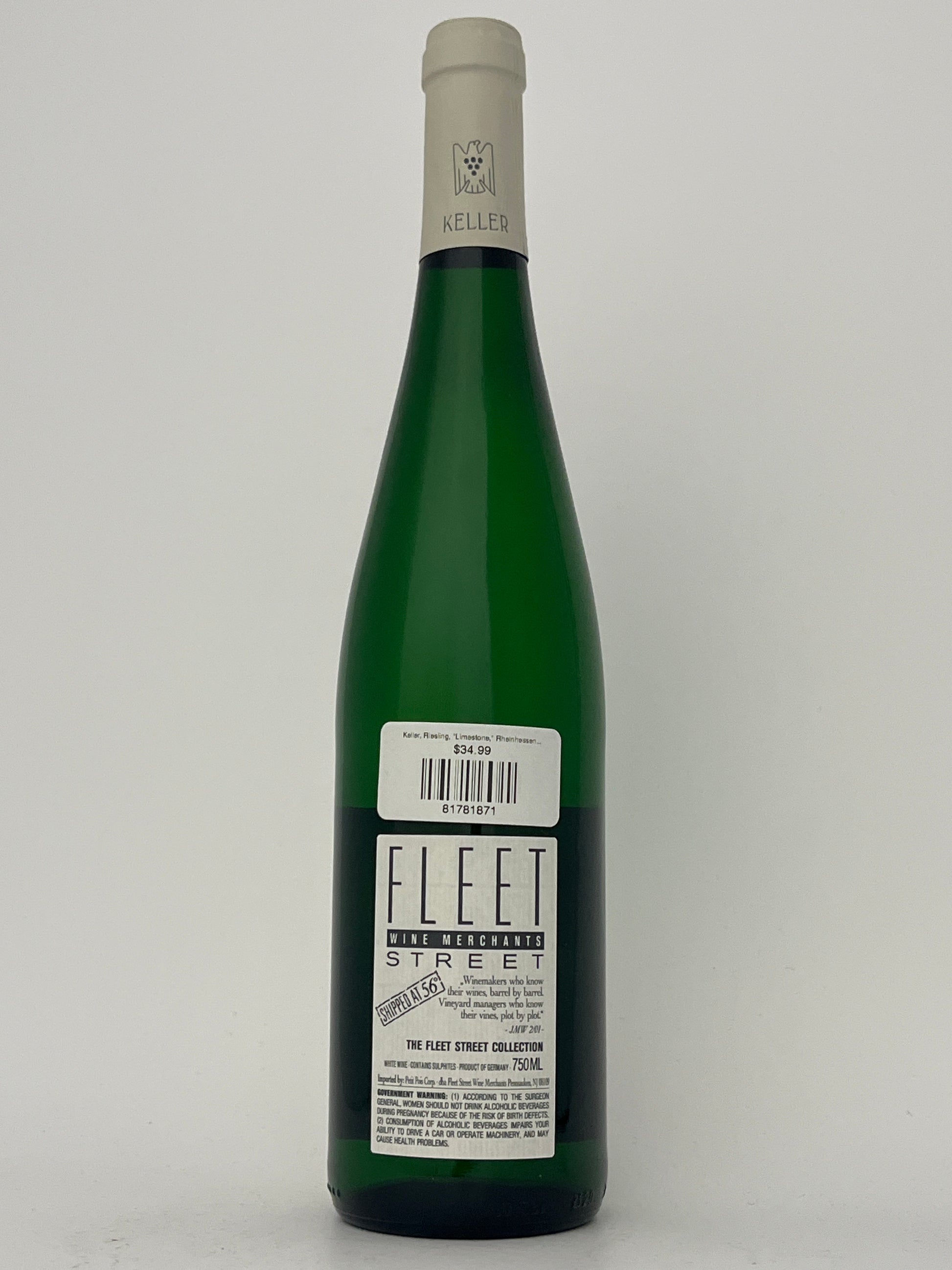 Back label of a bottle of Keller, Riesling, "Limestone," Rheinhessen, Germany 2024 in a white backround.