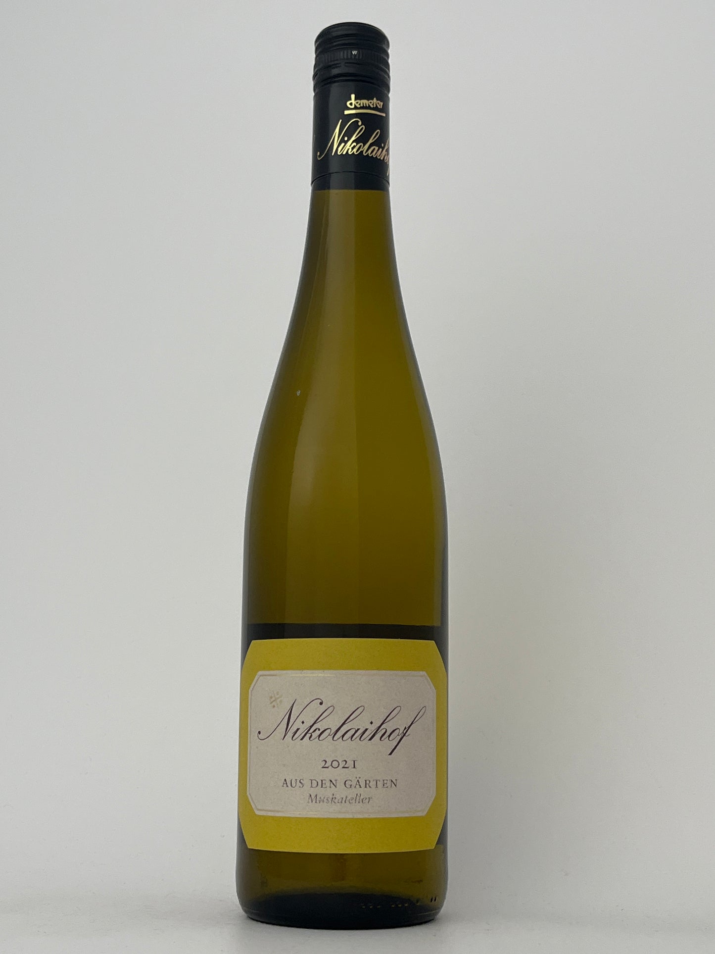 Bottle of Nikolaihof, Gelber Muskateller, Wachau, Austria 2021 in a white backround.