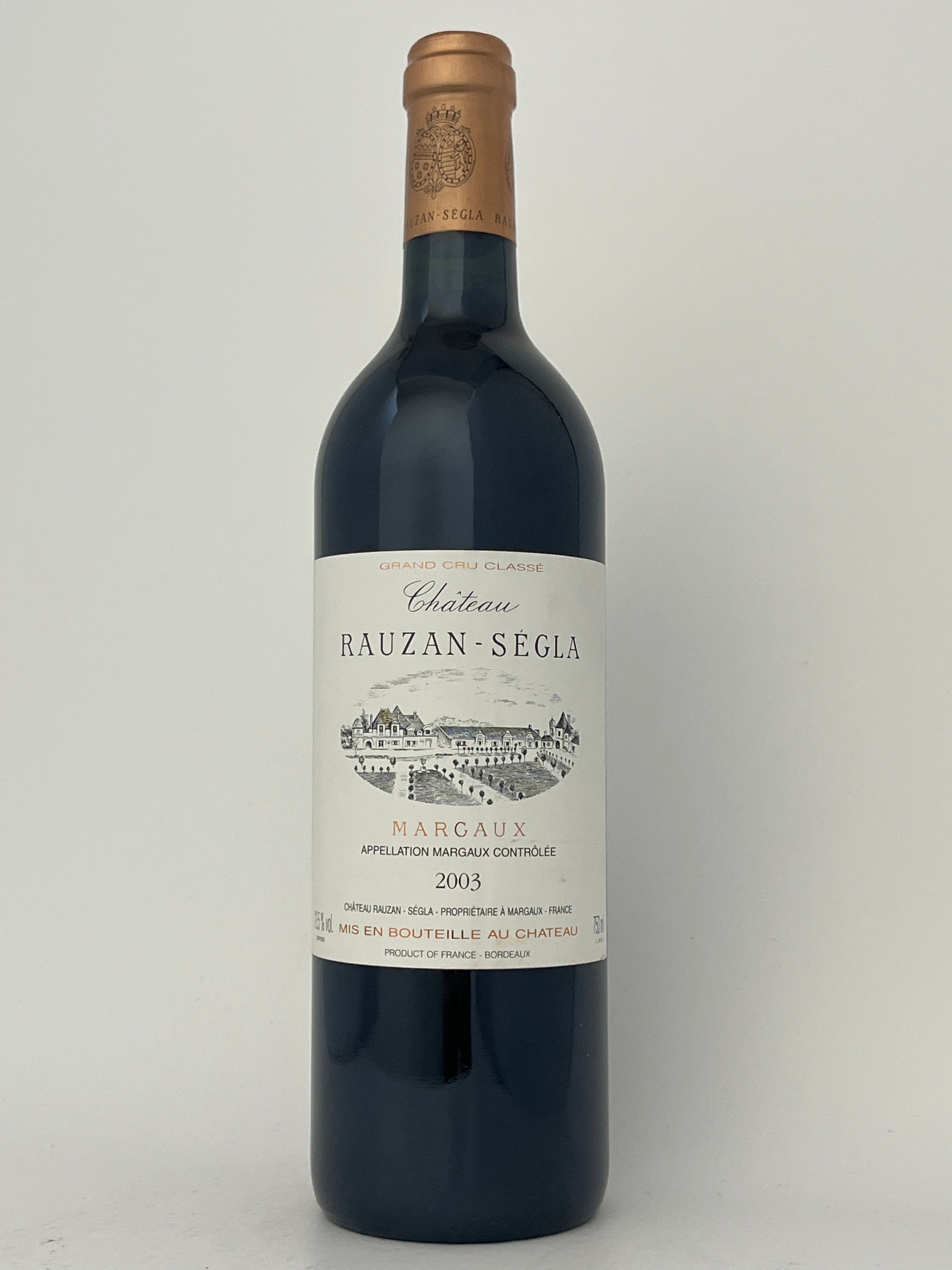 Bottle of Chateau Rauzan-Segla, Cabernet Sauvignon, Margaux, Bordeaux, France 2003 in a white backround.	
