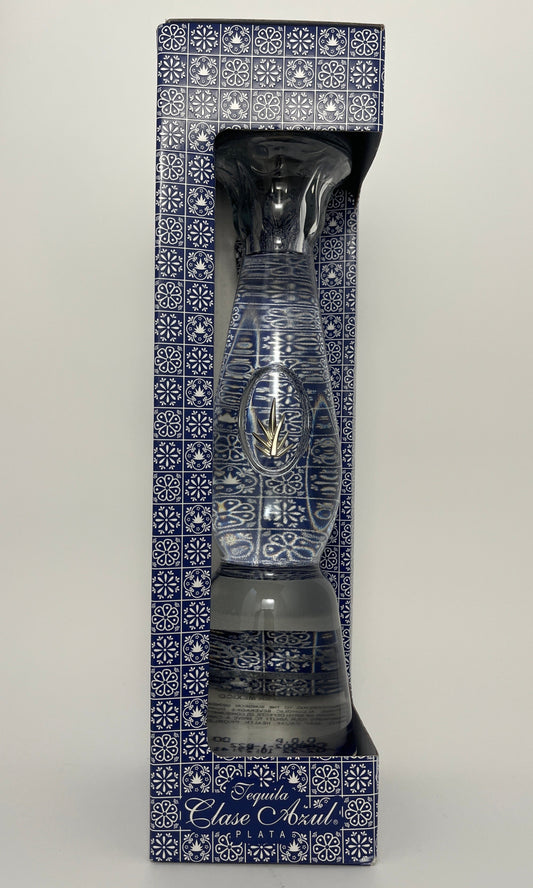 Bottle of Clase Azul Tequila Blanco. Front label in the original box. 