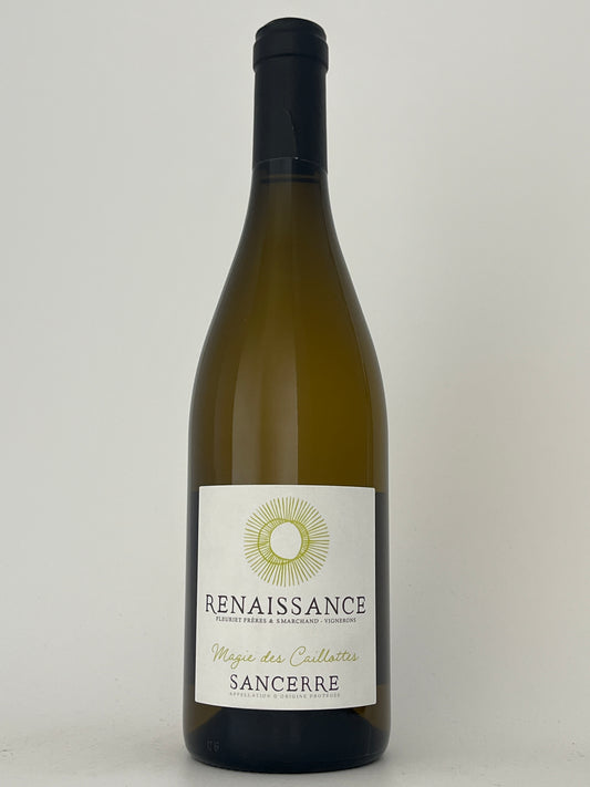 Bottle of Renaissance, Sauvignon Blanc, "Magie des Caillottes," Sancerre, Loire, France 2024 in a white backround.	