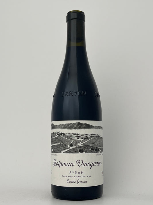 Bottle of Stolpman, Syrah, Ballard Canyon, Santa Ynez Valley, California 2023 in a white backround.	