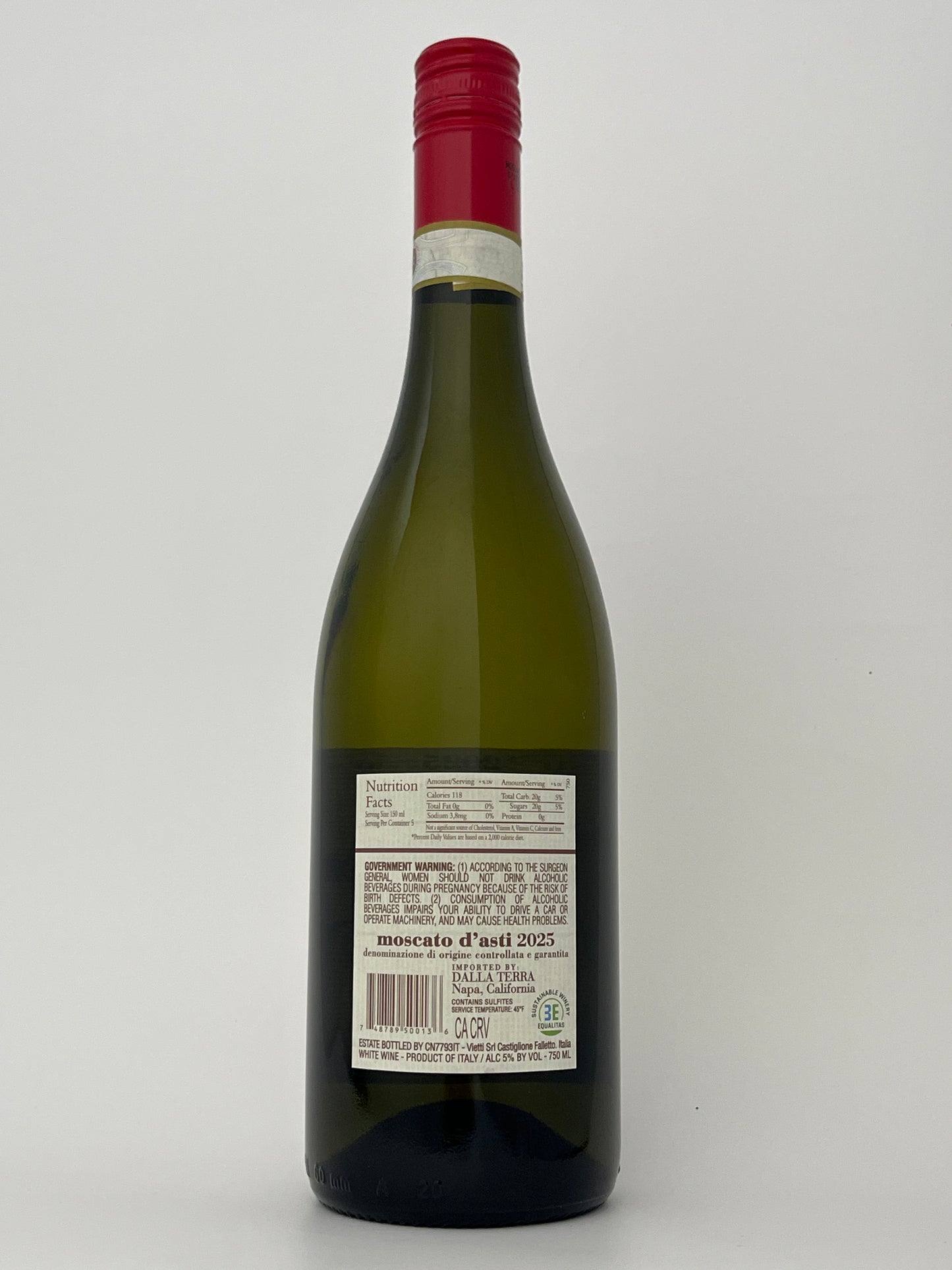Back label of a bottle of Vietti, Moscato d'Asti, Piedmont, Italy 2025 in a white backround.