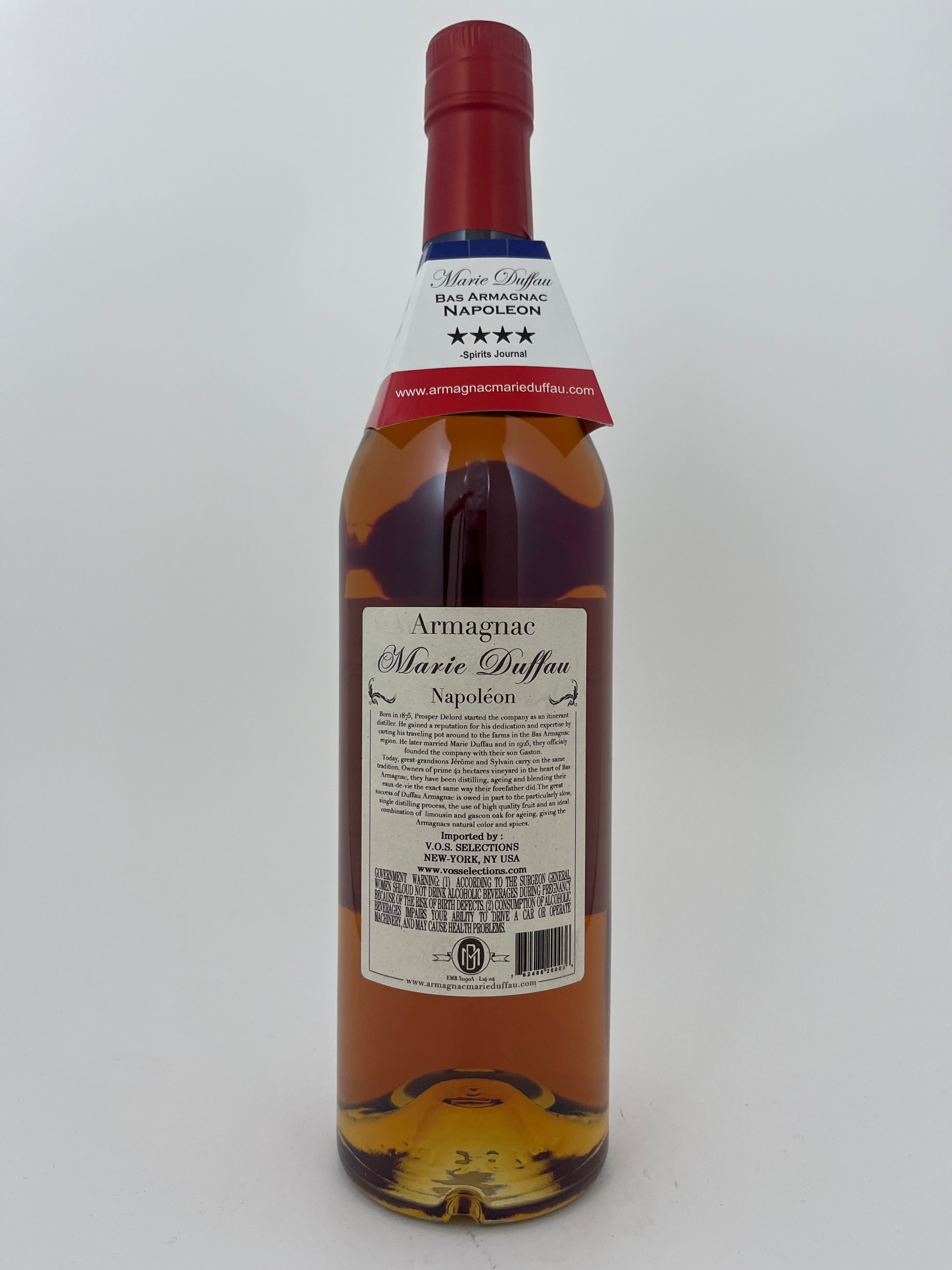 Back label of a bottle of Marie Duffau Bas Armagnac Napoleon on a white backround. 