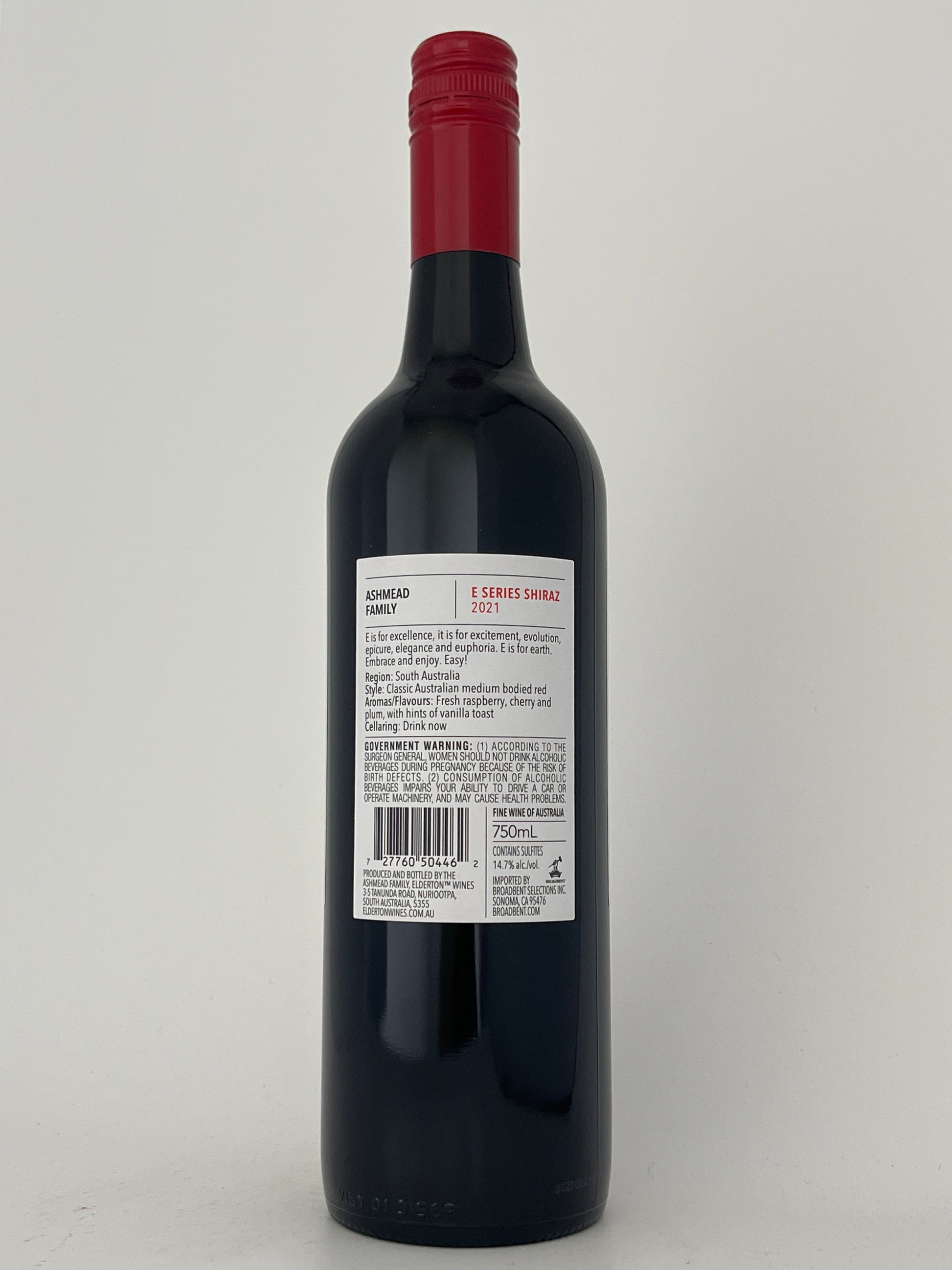Back label of a bottle of Elderton, Shiraz, "E Series," South Australia, Australia 2021 in a white backround.
