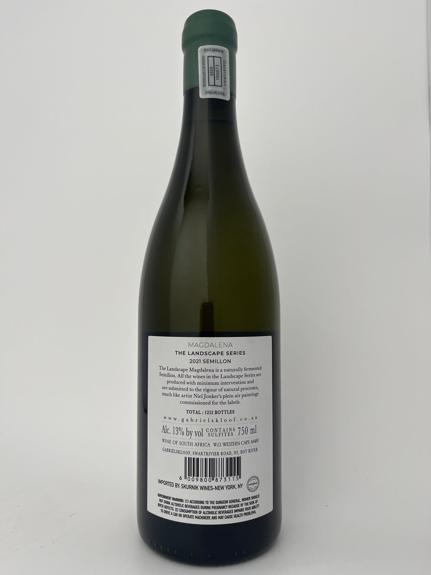 Back label of a bottle of Gabrielskoof, Semillon, "Magdalena- The Landscape Series," Western Cape, South Africa 2021 in a white backround.