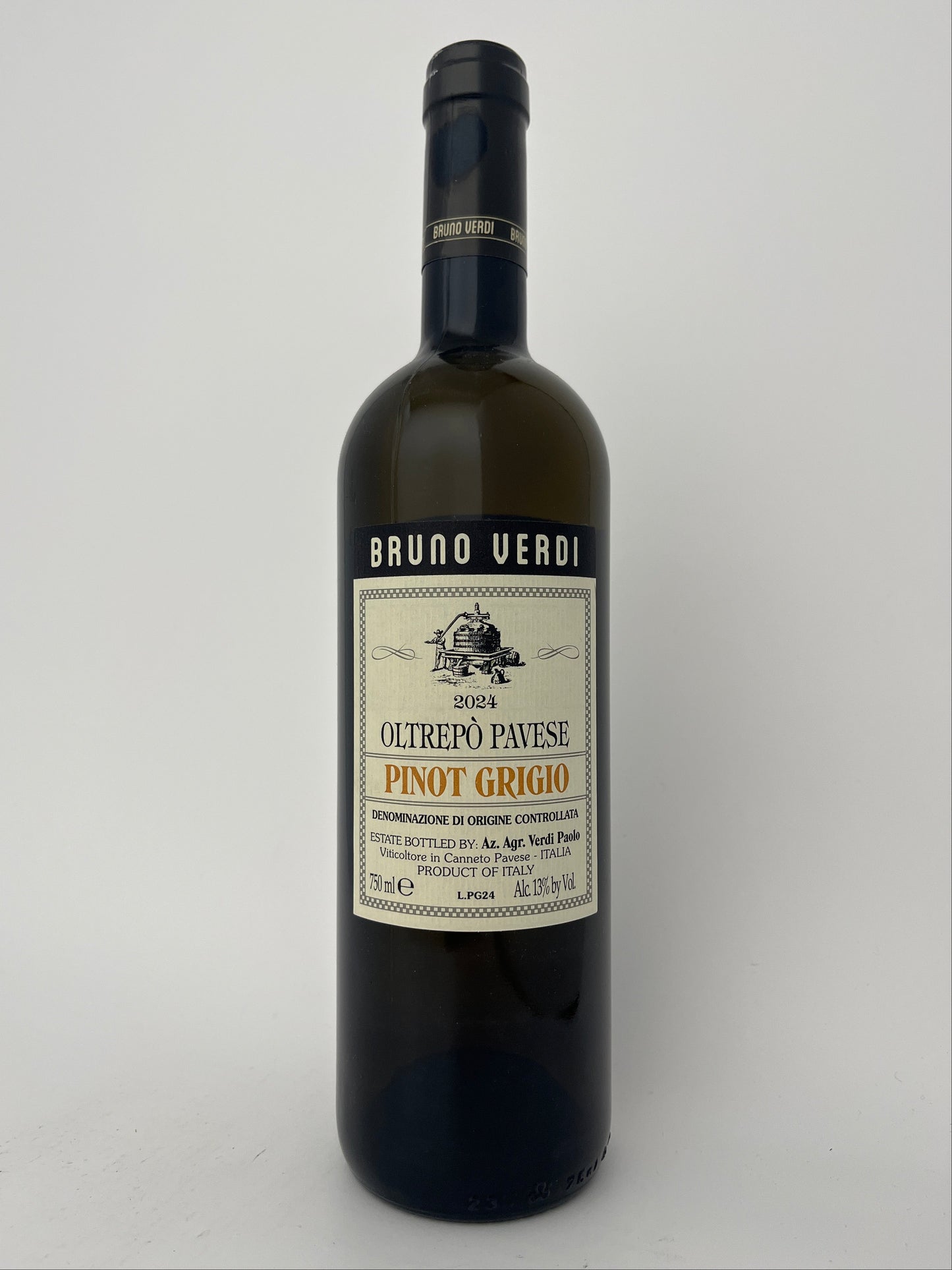 Bottle of Bruno Verdi, Pinot Grigio, Oltrepo Pavese, Lombardy, Italy 2024 in a white backround.