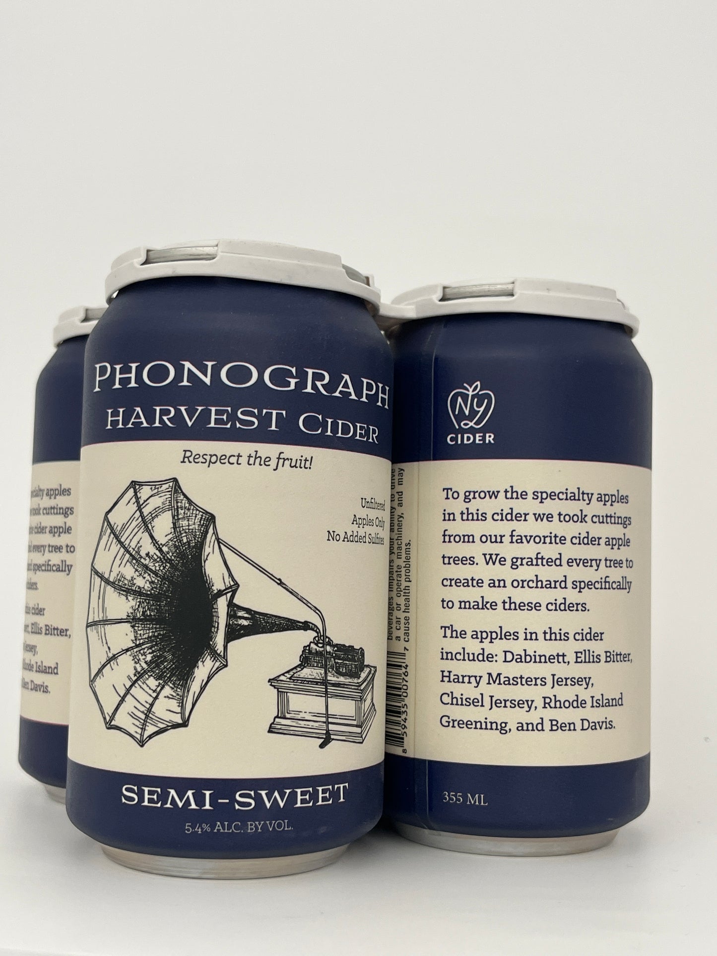 Bottle of Phonograph Semi-Sweet Cider (12oz Can- 4- Pack) in a white backround and Back label of a bottle of Phonograph Semi-Sweet Cider (12oz Can- 4- Pack) in a white backround.