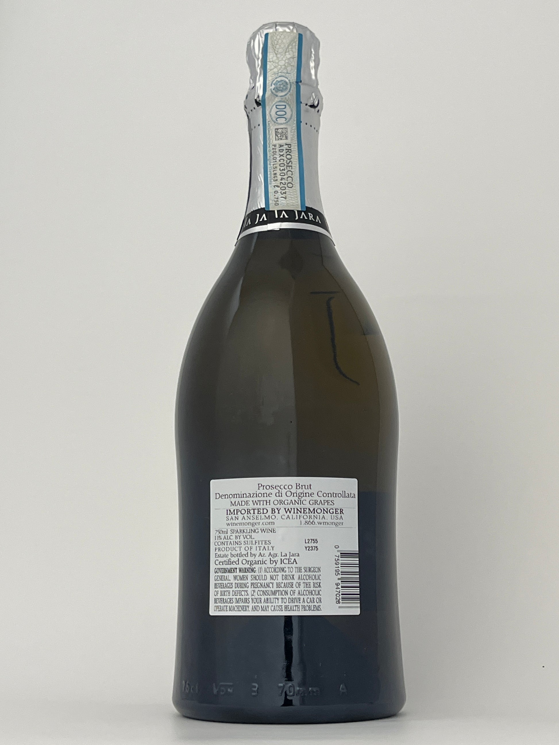 Back label of a bottle of La Jara, Prosecco, Veneto, Italy NV in a white backround.