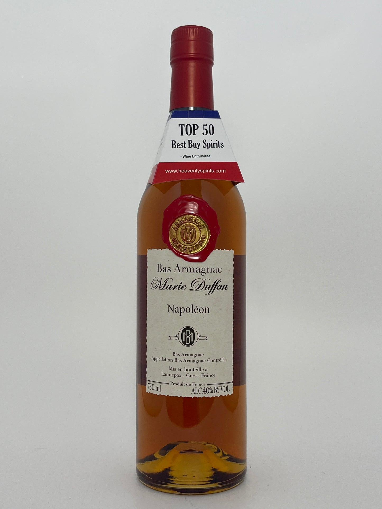 Bottle of Marie Duffau Bas Armagnac Napoleon on a white backround. 