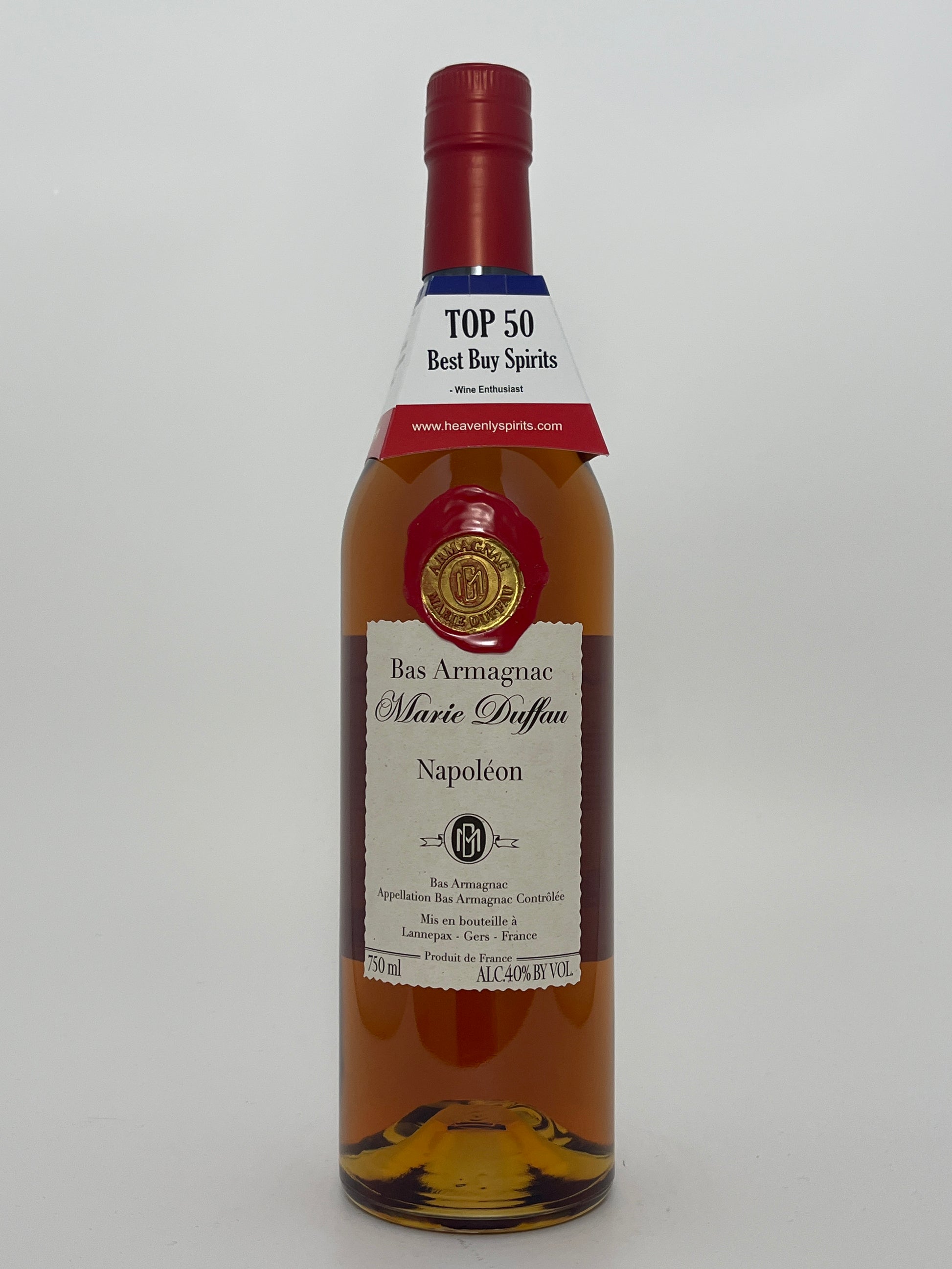 Bottle of Marie Duffau Bas Armagnac Napoleon on a white backround. 