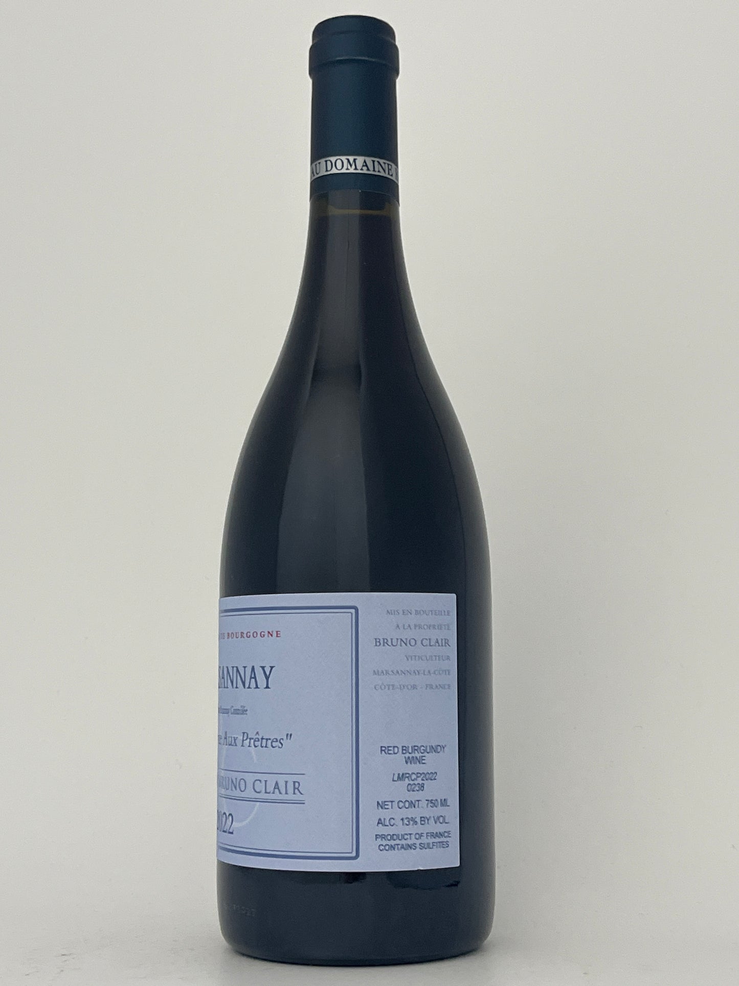 Side label of a bottle of Domaine Bruno Clair, Pinot Noir, "La Charme Aux Pretres," Marsannay, Burgundy, France 2022 in a white backround.