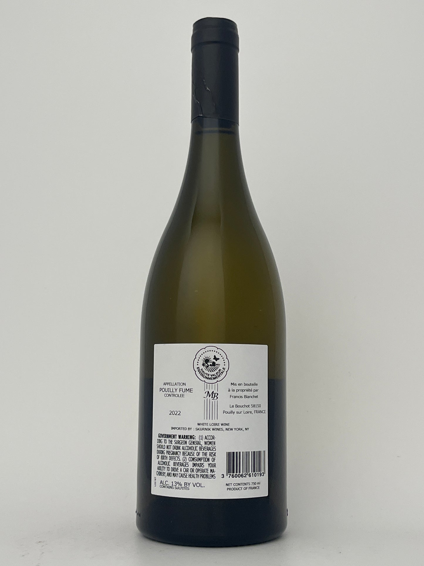 Back label of a bottle of Domaine Blanchet, Sauvignon Blanc, Pouilly-Fume, Loire, France 2022 in a white backround.