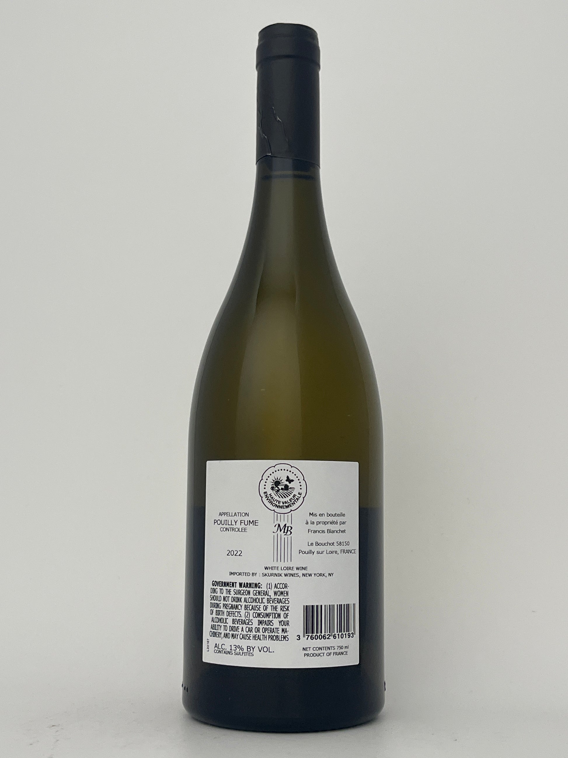 Back label of a bottle of Domaine Blanchet, Sauvignon Blanc, Pouilly-Fume, Loire, France 2022 in a white backround.