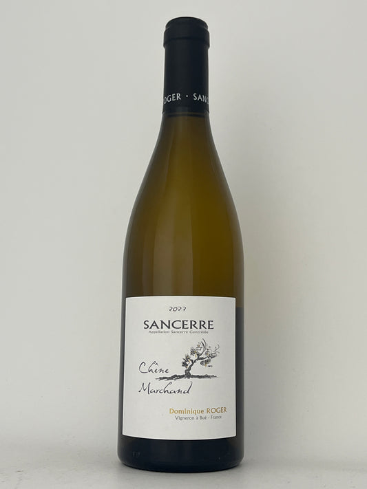 Bottle of Domaine Carrou, Sauvignon Blanc, "Chene Marchand," Sancerre, Loire, France 2023 in a white backround.	
