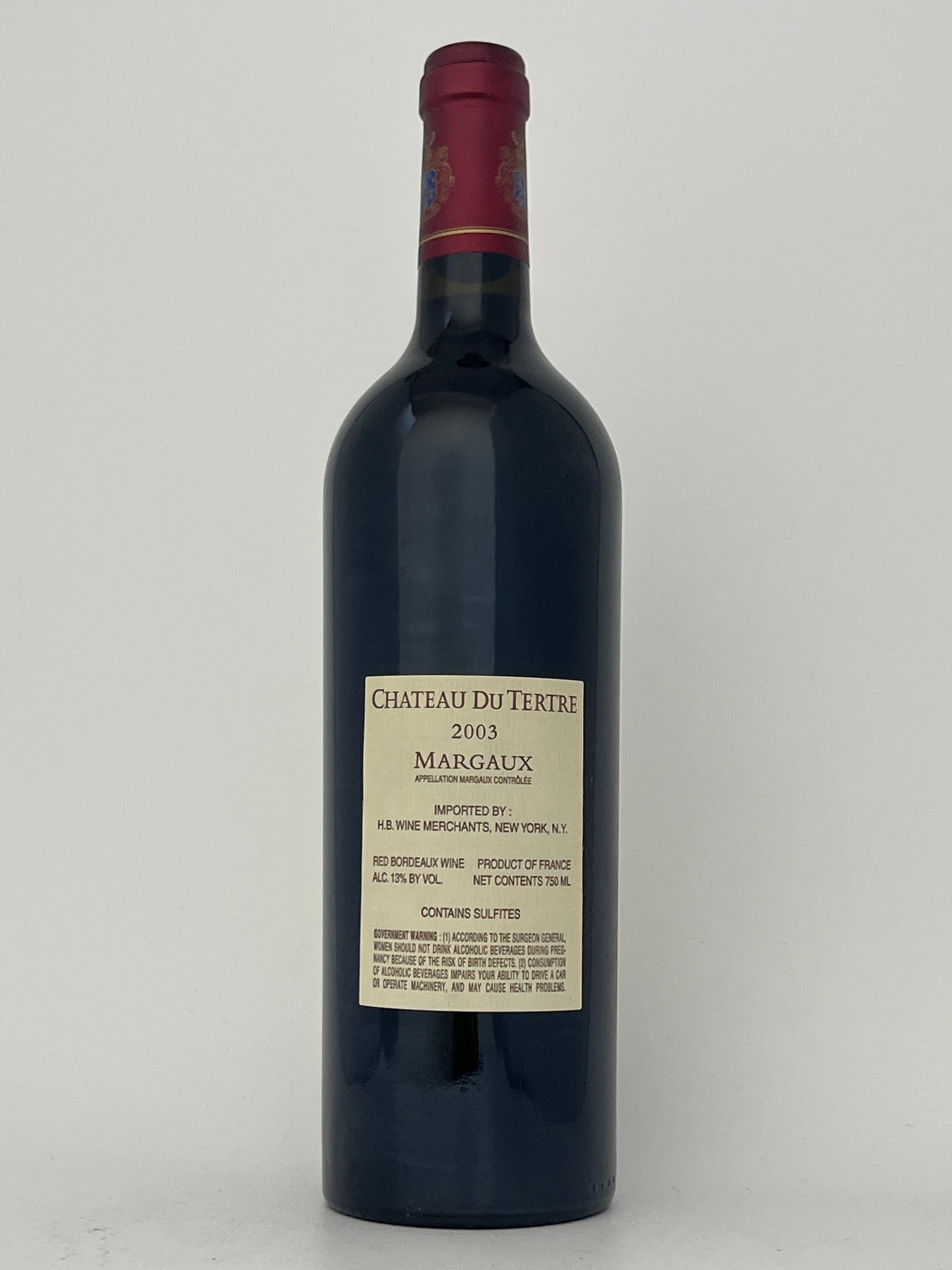 Back label of a bottle of Chateau du Tertre, Cabernet Sauvignon, Margaux, Bordeaux, France 2003 in a white backround.