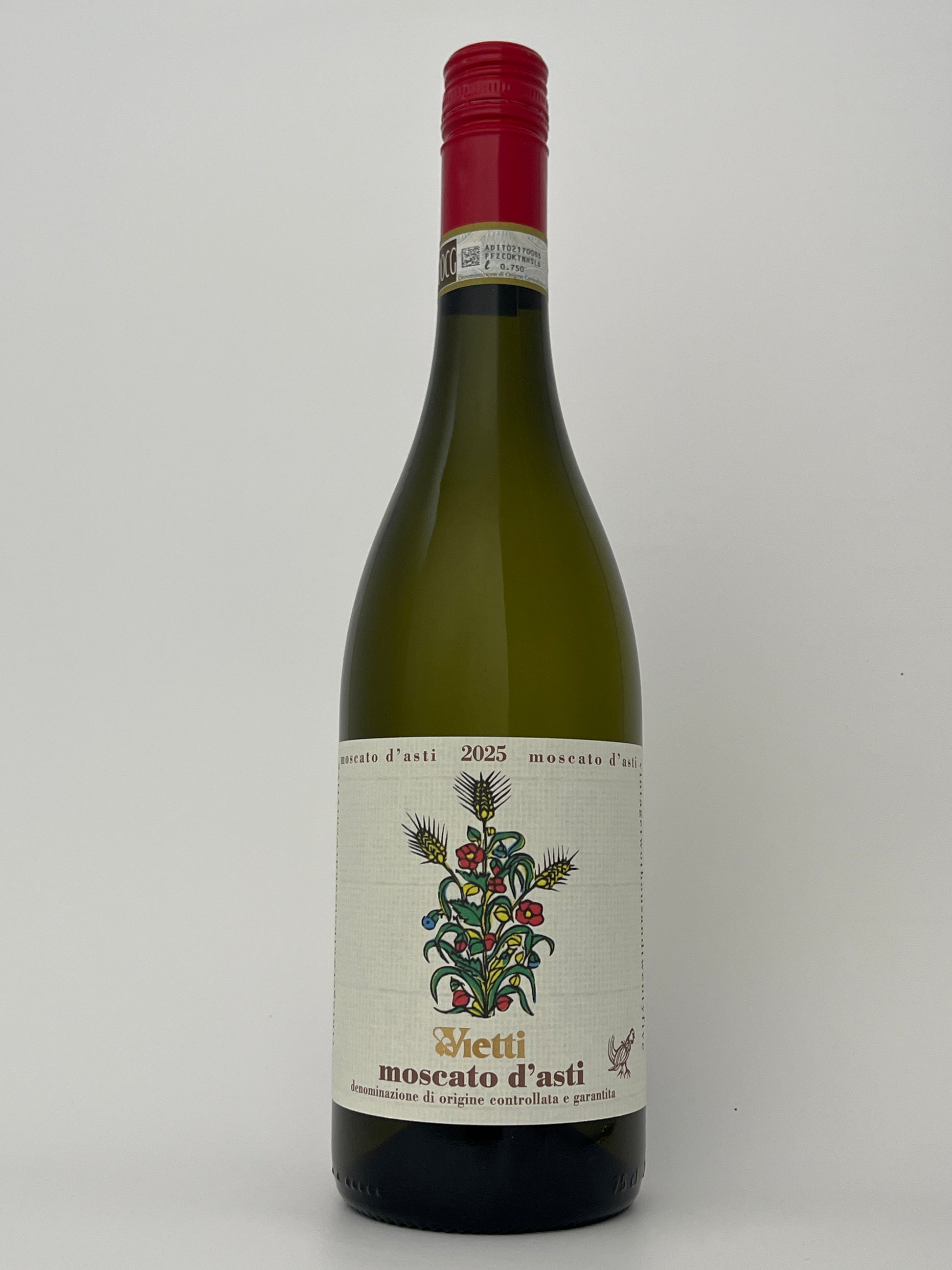 Bottle of Vietti, Moscato d'Asti, Piedmont, Italy 2025 in a white backround.	