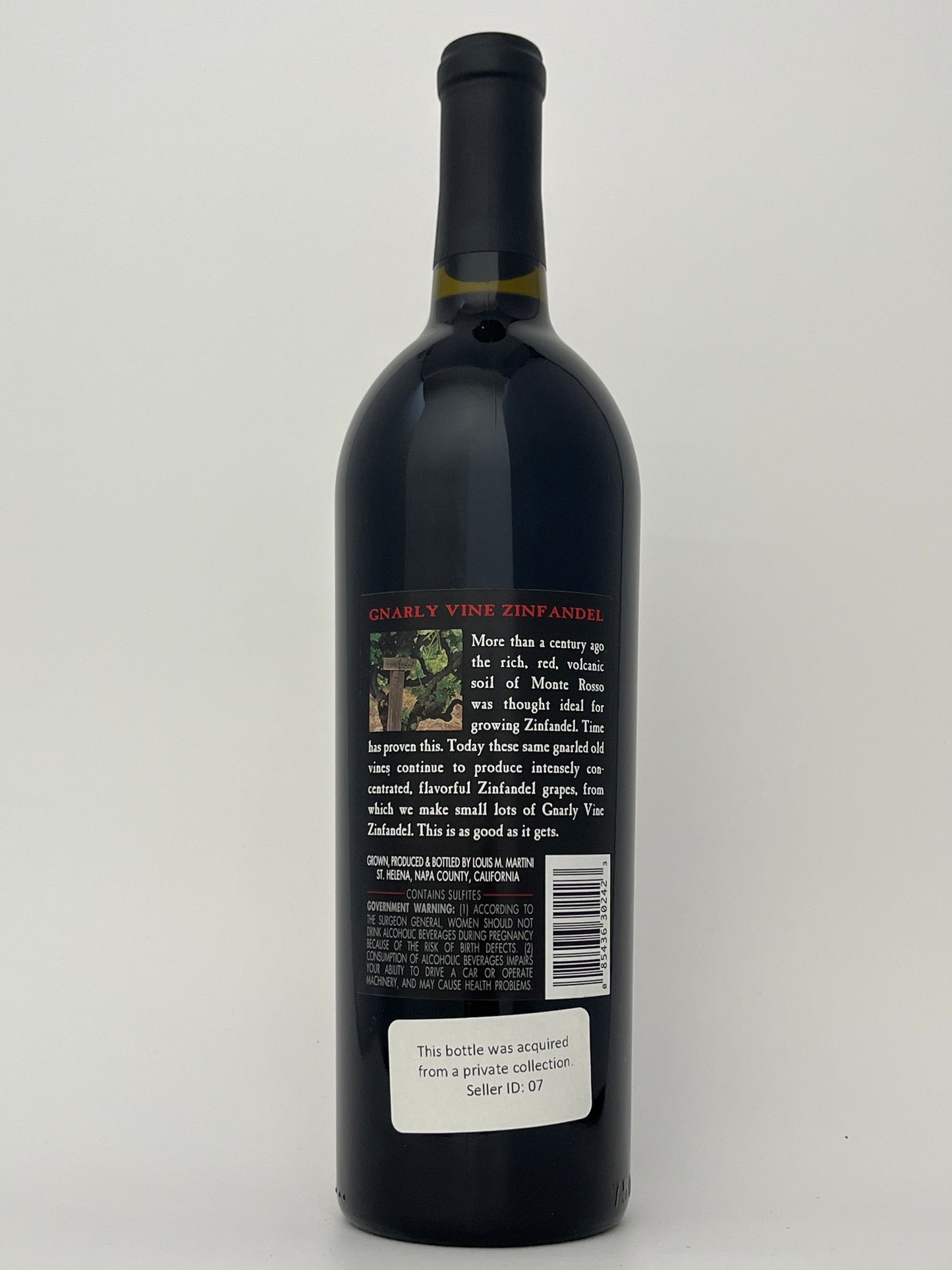 Back label of a bottle of Louis M. Martini, Zinfandel, "Gnarly Vine- Monte Rosso," Sonoma Valley, Sonoma, California, United States 2000 in a white backround.