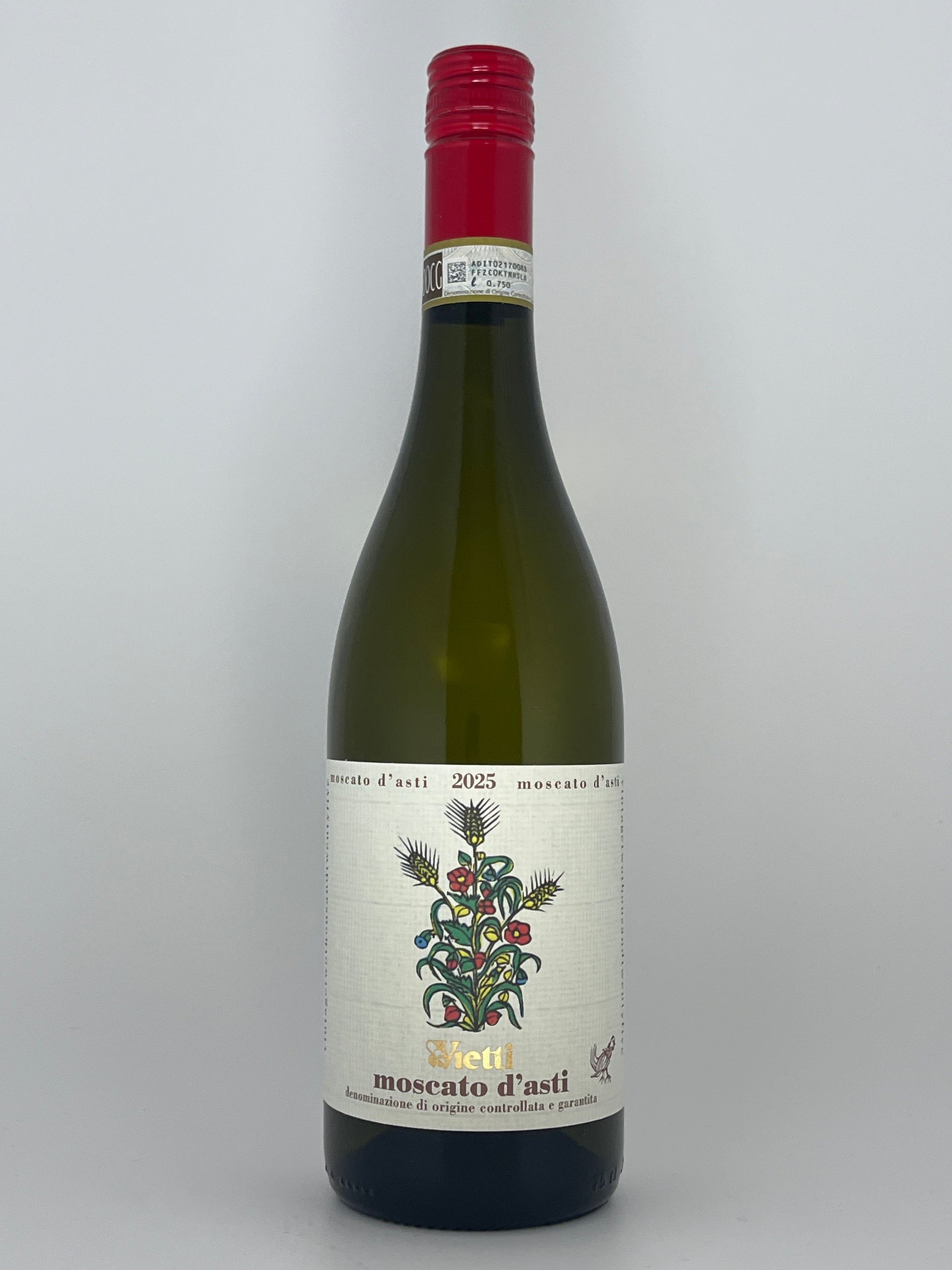 Wine bottle of Vietti Moscato d'Asti 2025 on a white background