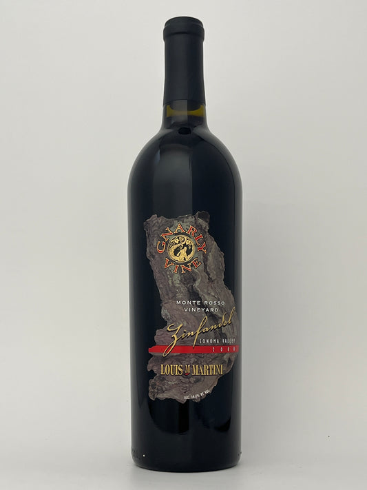 Bottle of Louis M. Martini, Zinfandel, "Gnarly Vine- Monte Rosso," Sonoma Valley, Sonoma, California, United States 2000 in a white backround.	