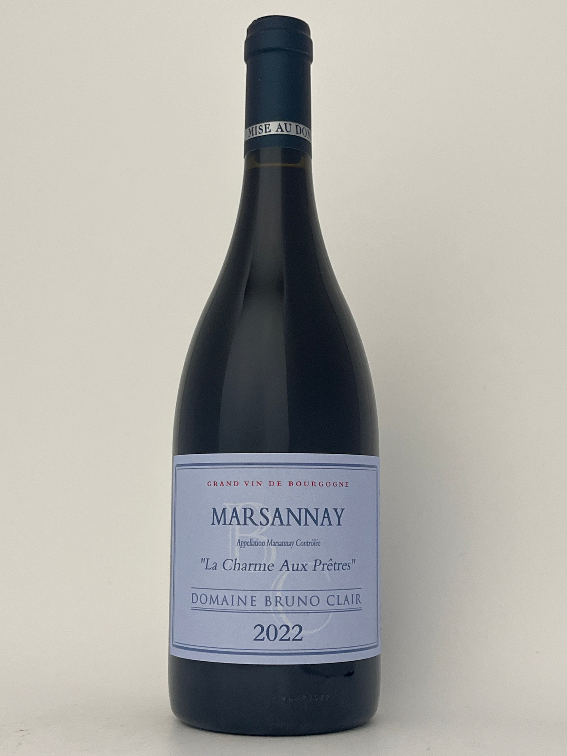 Bottle of Domaine Bruno Clair, Pinot Noir, "La Charme Aux Pretres," Marsannay, Burgundy, France 2022 in a white backround.	