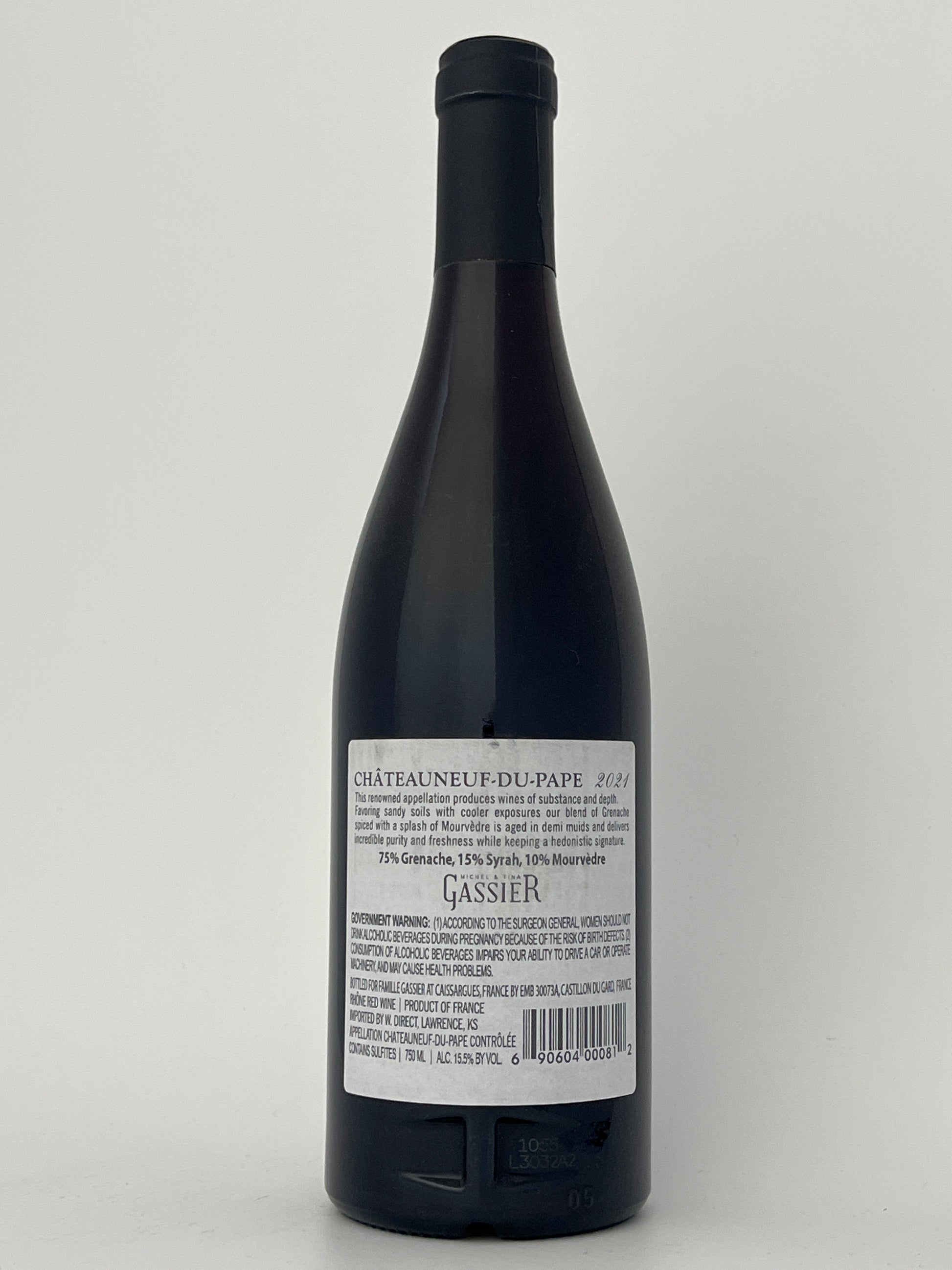 Back label of a bottle of Gassier, Grenache, Chateauneuf-du-Pape, Rhone, France 2021 in a white backround.