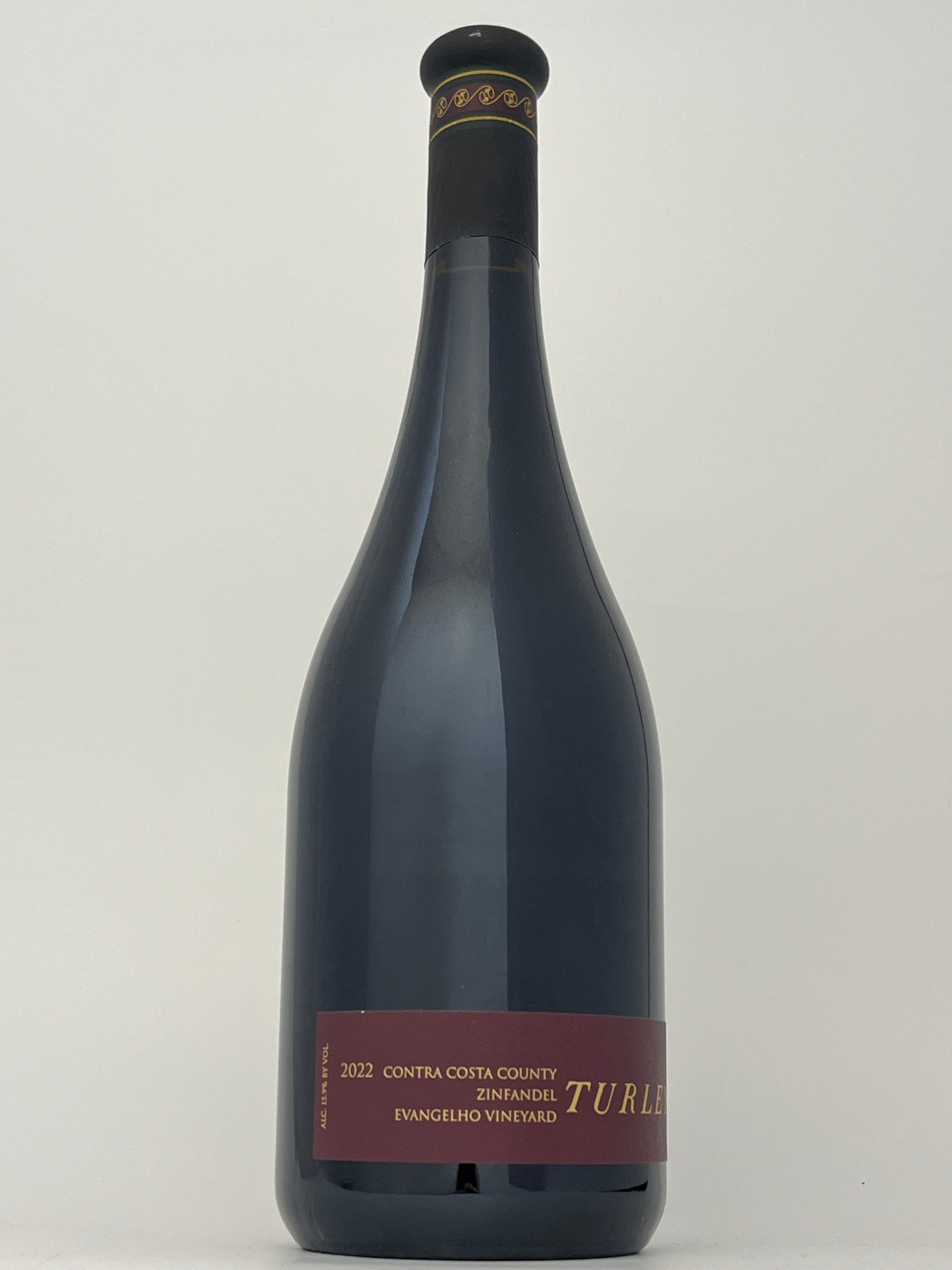 Bottle of Turley, Zinfandel, "Evangelho Vineyard," Contra Costa, California, United States 2022 in a white backround.	