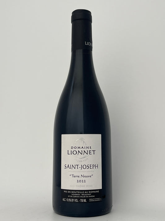 Bottle of Lionnet, Syrah, "Terre-Neuve," Saint-Joseph, Rhone, France 2022 in a white backround.	