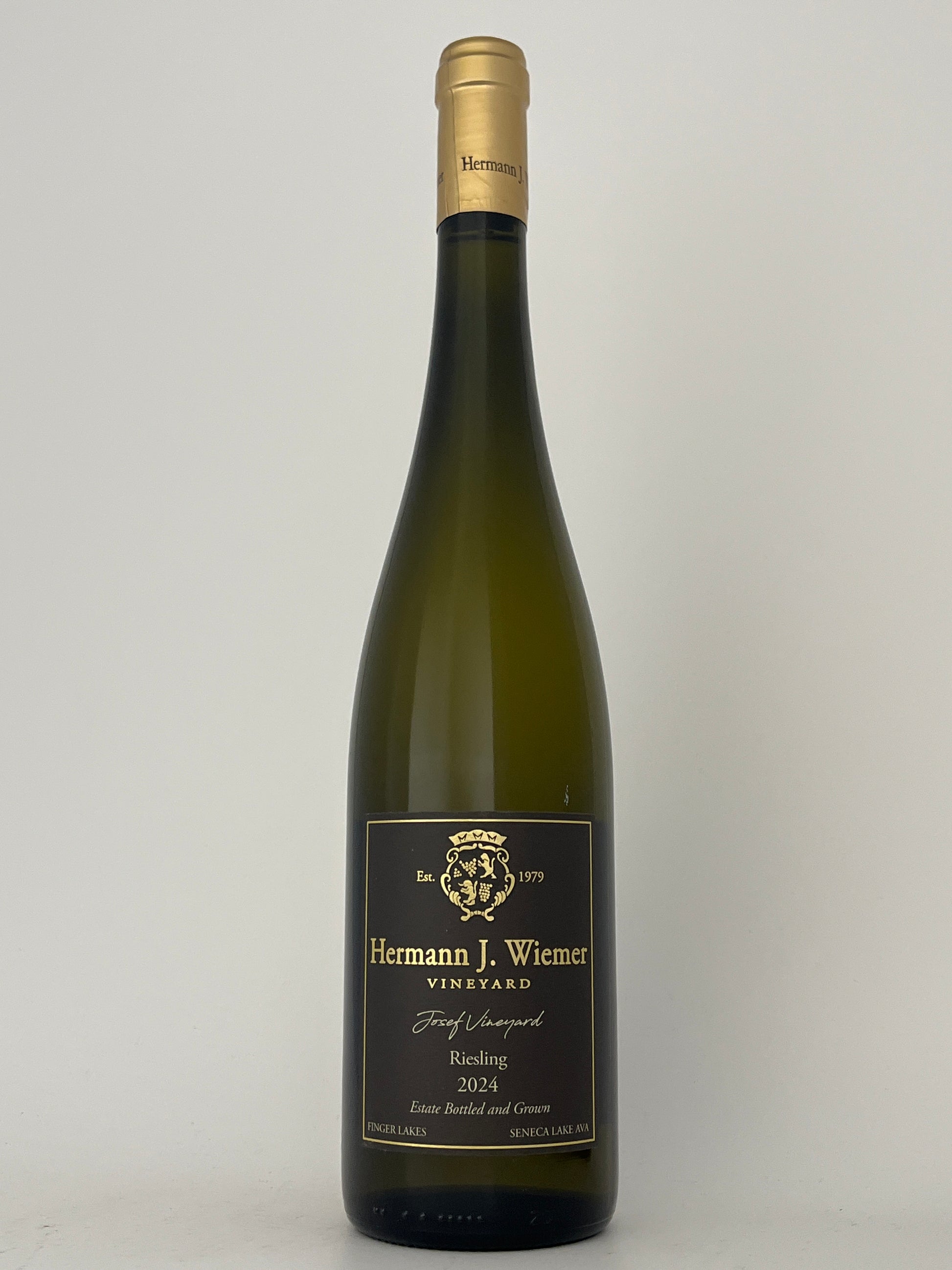 Bottle of Hermann J. Wiemer, Riesling, "Josef Vineyard," Finger Lakes, New York, United States 2024 in a white backround.	