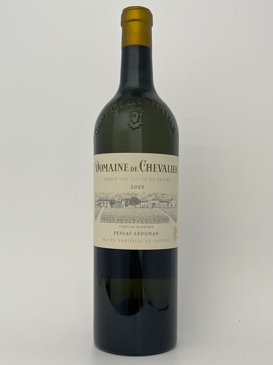 Bottle of Domaine de Chevalier, Sauvignon Blanc, Pessac-Leognan, Bordeaux, France 2020 in a white backround.	