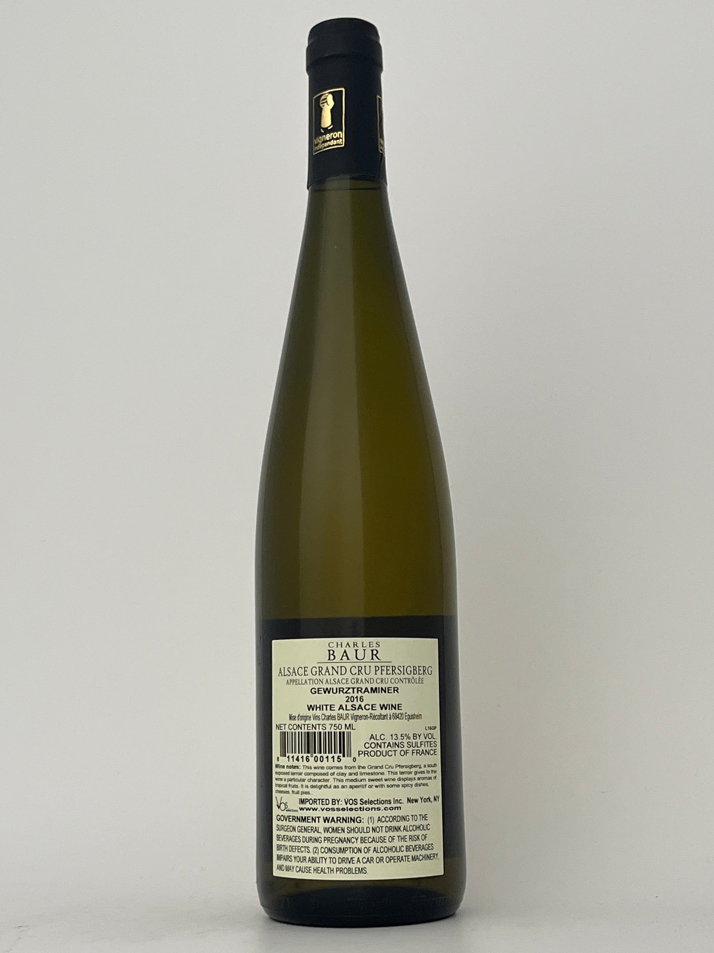 Back label of a bottle of Charles Baur, Gewurztramiiner, Pfersigberg- Grand Cru, Alsace, France 2016 in a white backround.