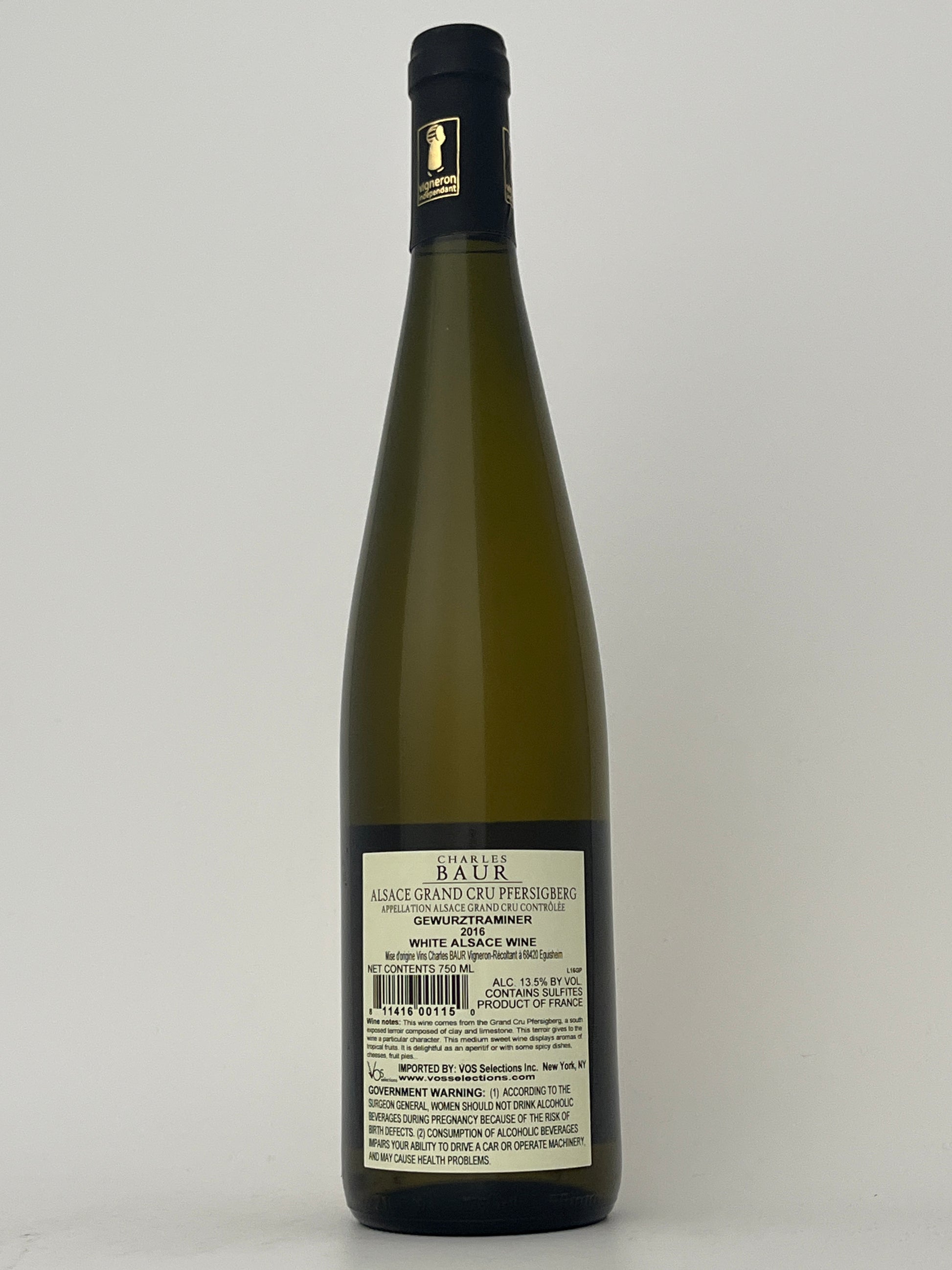Back label of a bottle of Charles Baur, Gewurztramiiner, Pfersigberg- Grand Cru, Alsace, France 2016 in a white backround.