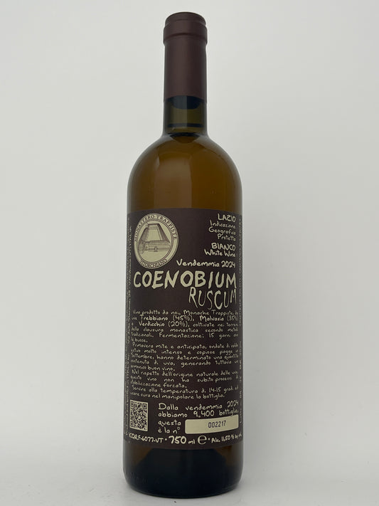 Bottle of Monastero Suore Cistercensi, Trebbiano Blend, "Coenobium Ruscum," Lazio, Italy 2024 in a white backround.	