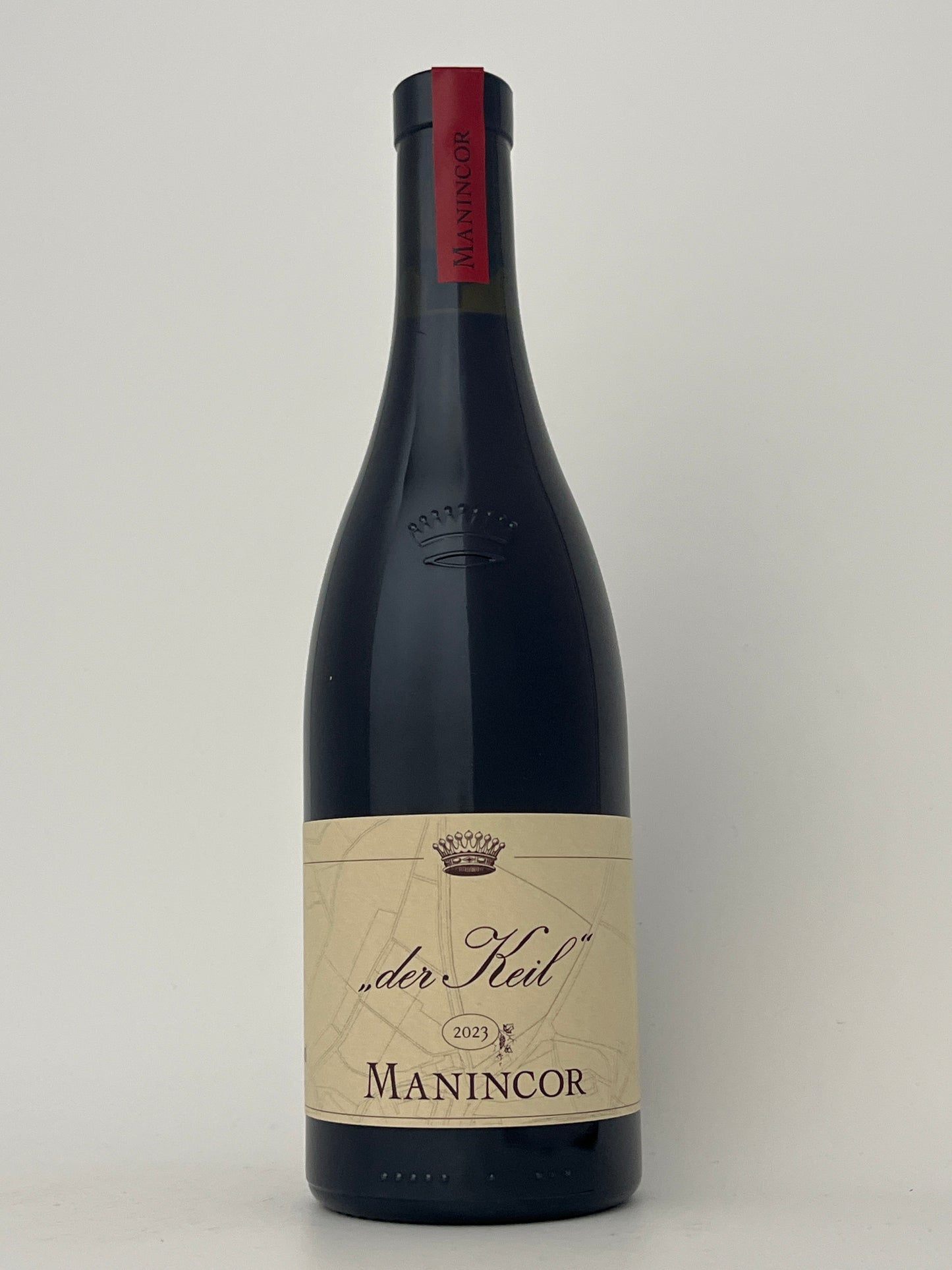 Bottle of Manincor, Schiava, "Del Keil," Trentino-Alto Adige, Italy 2023 in a white backround.	