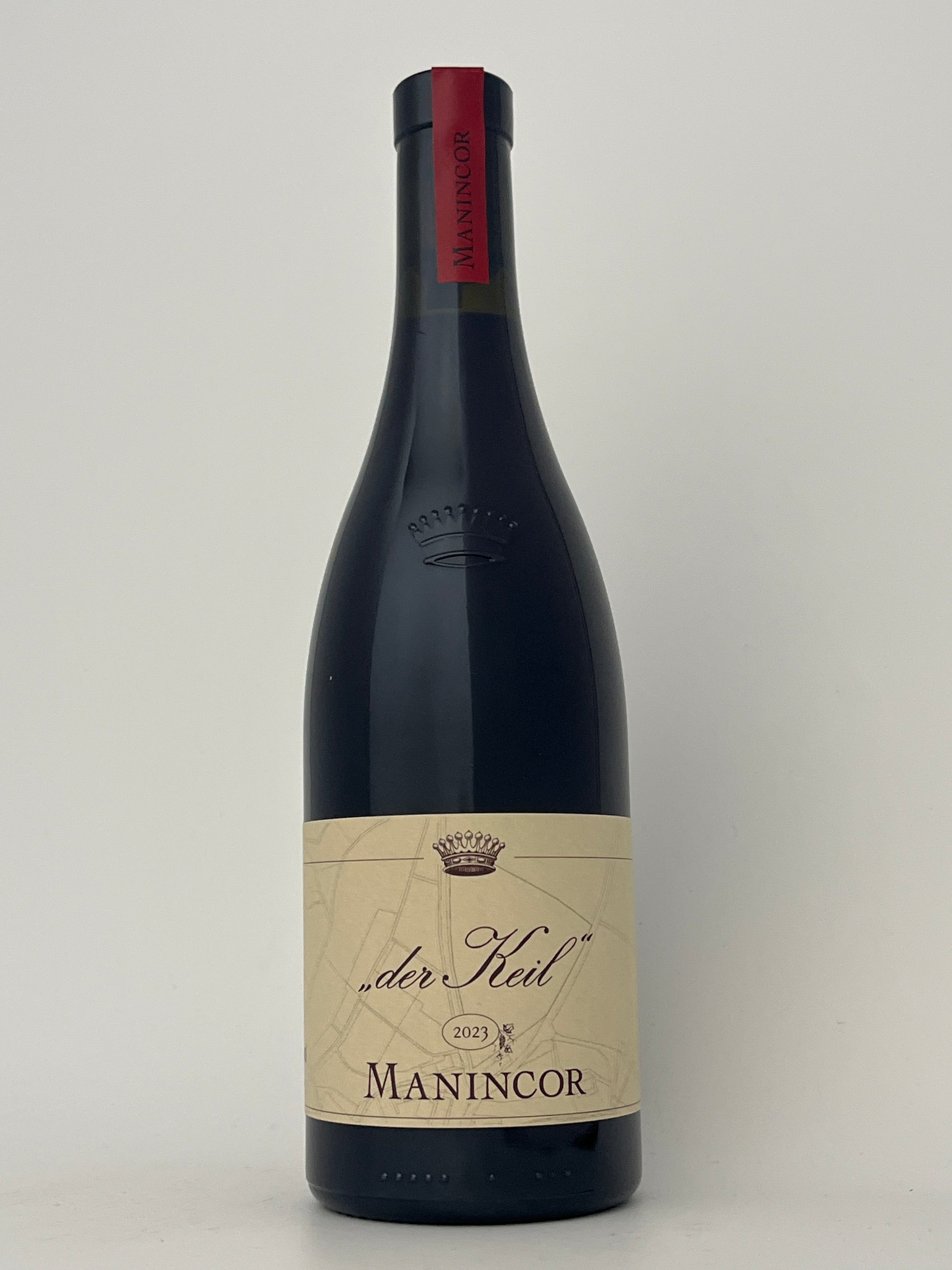 Bottle of Manincor, Schiava, "Del Keil," Trentino-Alto Adige, Italy 2023 in a white backround.	