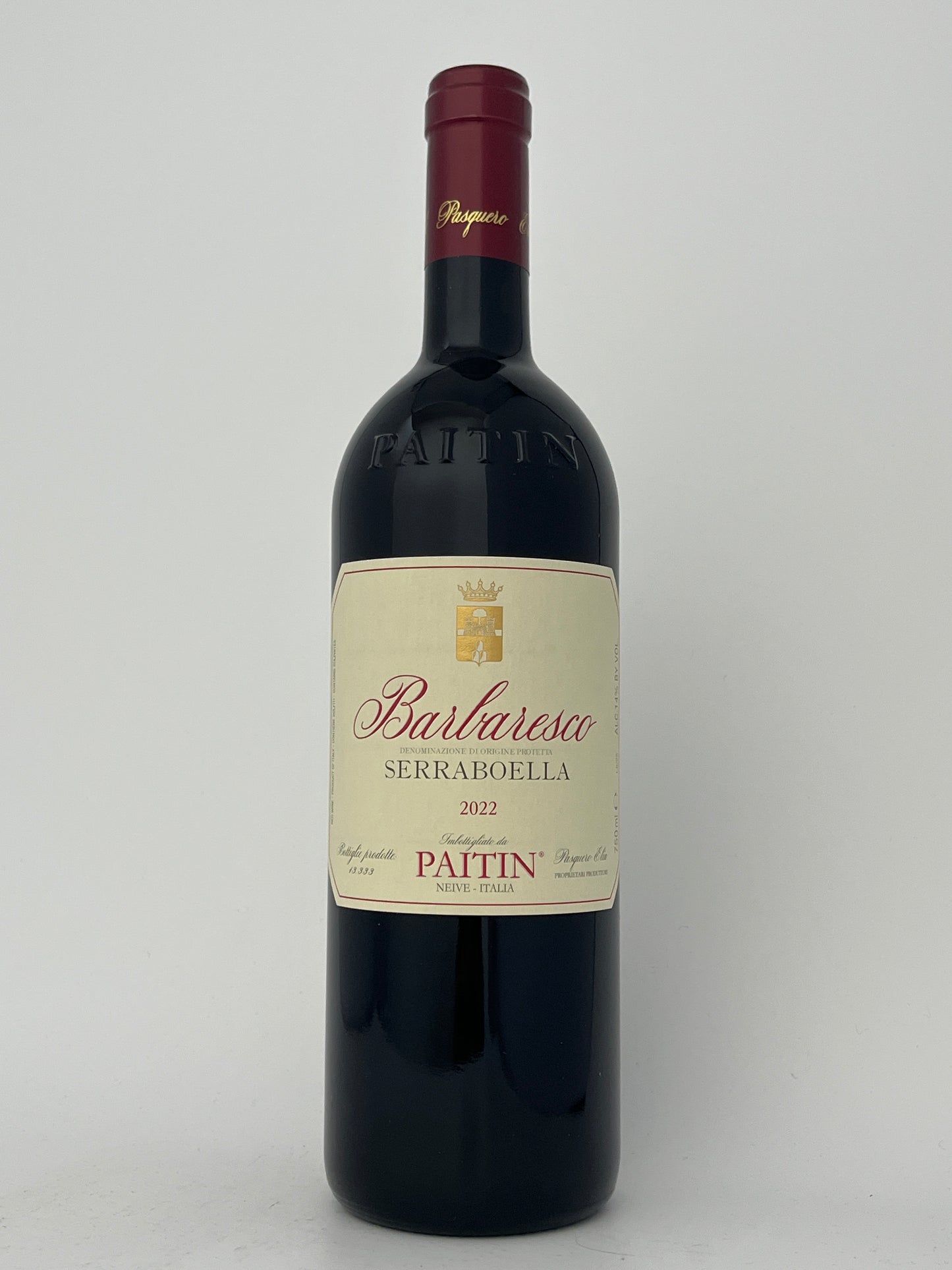 Bottle of Paitin, Nebbiolo, Serraboella, Barbaresco, Piedmont, Italy 2022 in a white backround.	