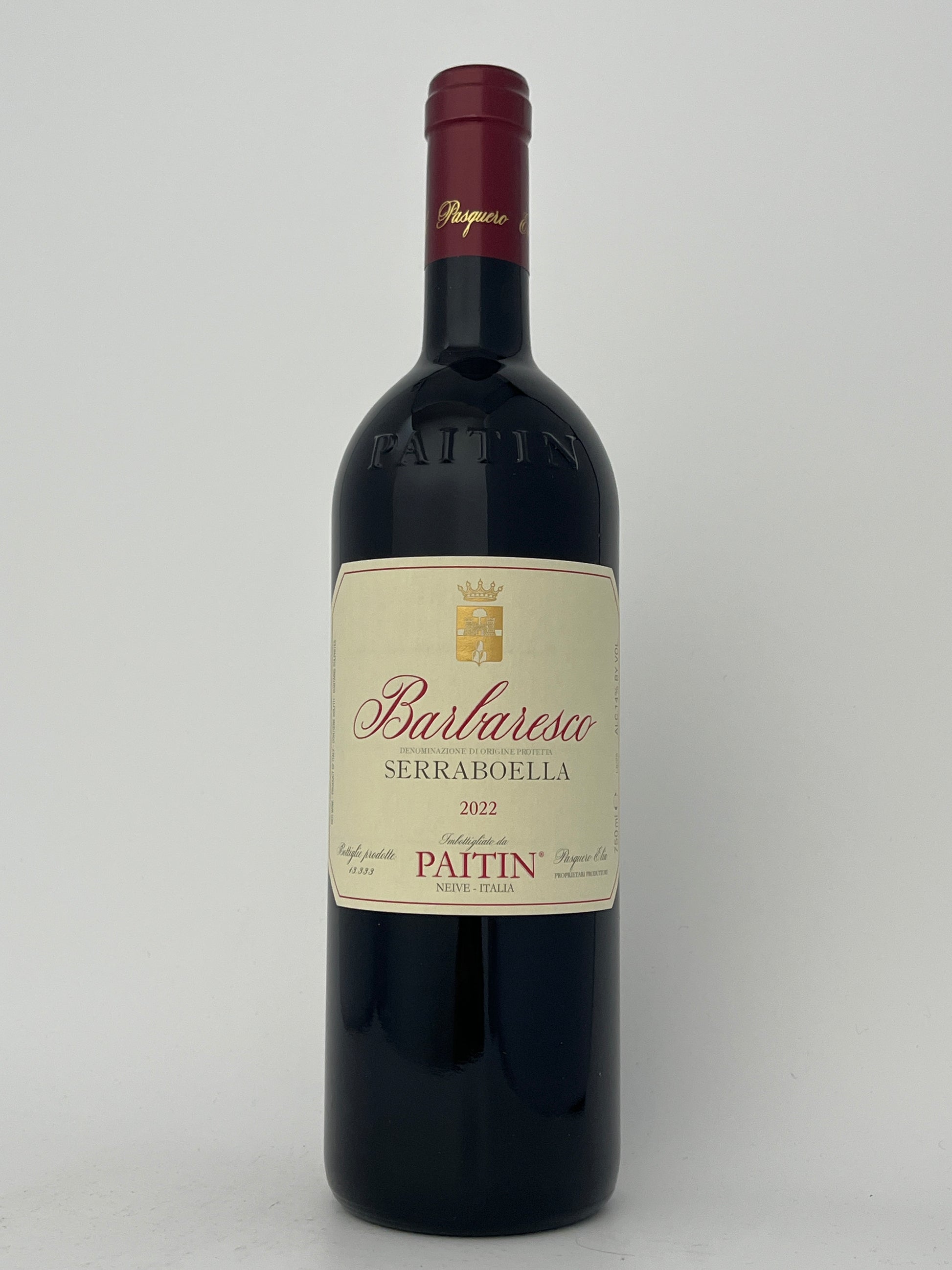 Bottle of Paitin, Nebbiolo, Serraboella, Barbaresco, Piedmont, Italy 2022 in a white backround.	