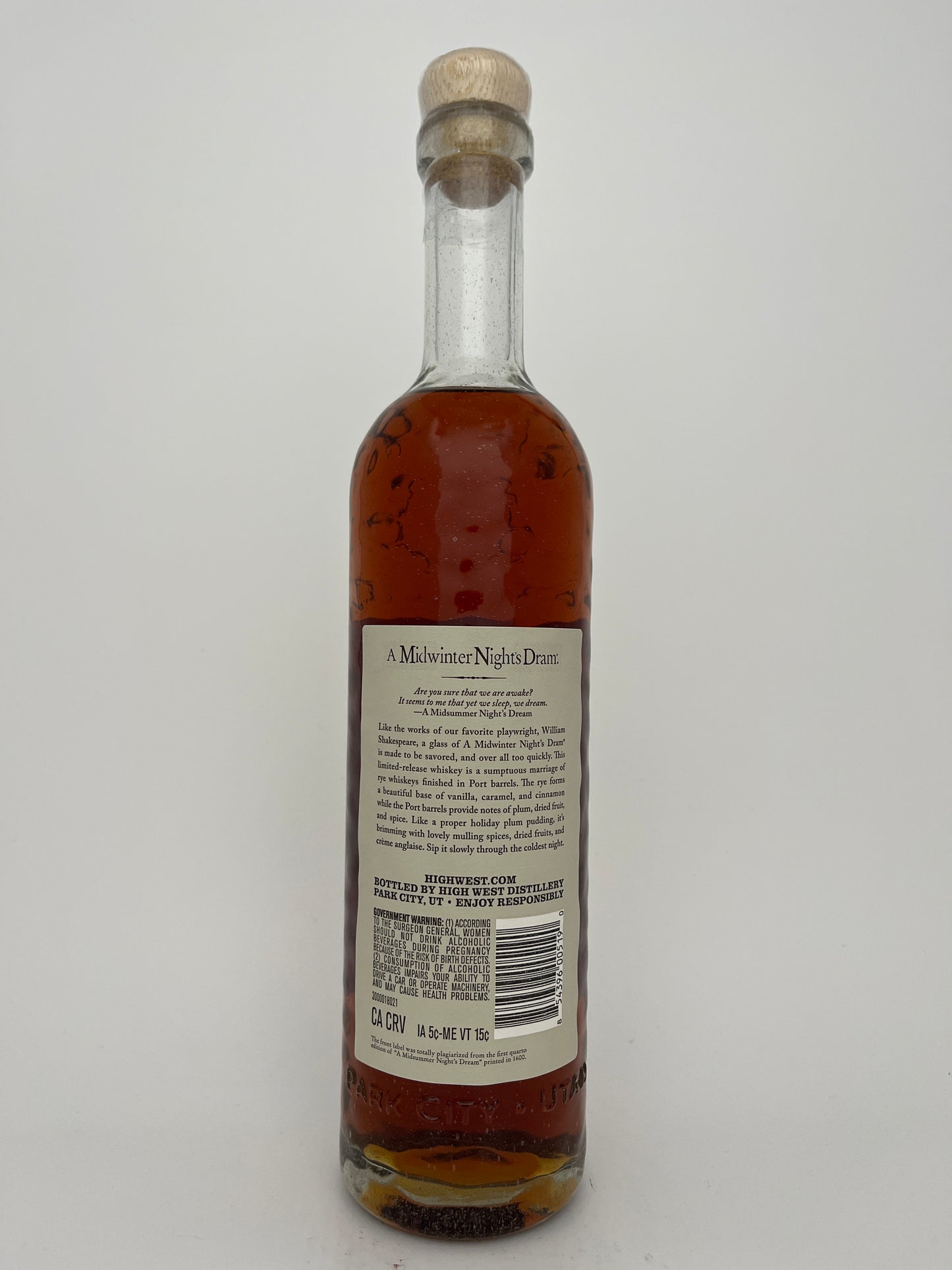 Back label of a bottle of 'A Midwinter Night's Dram' on a white background