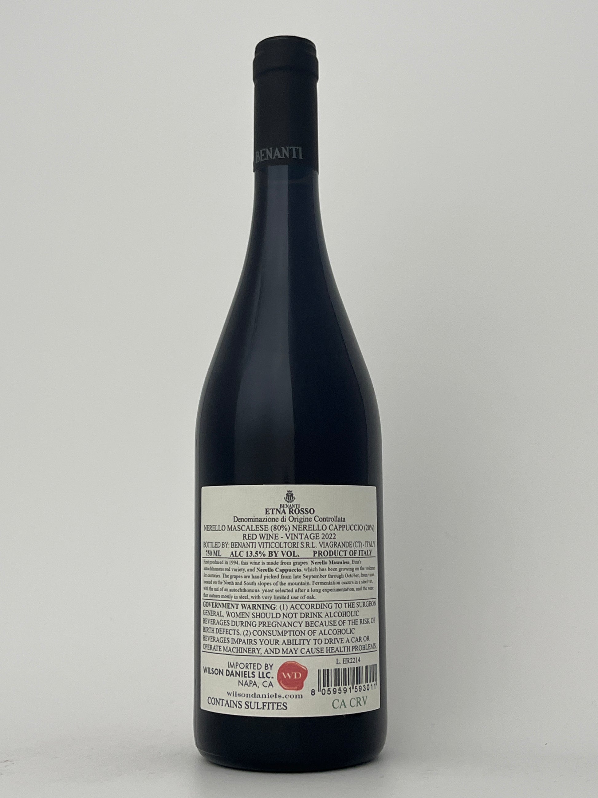 Back label of a bottle of Benanti, Nerelo Mascalese, Etna Rosso, Sicily, Italy 2022 in a white backround.
