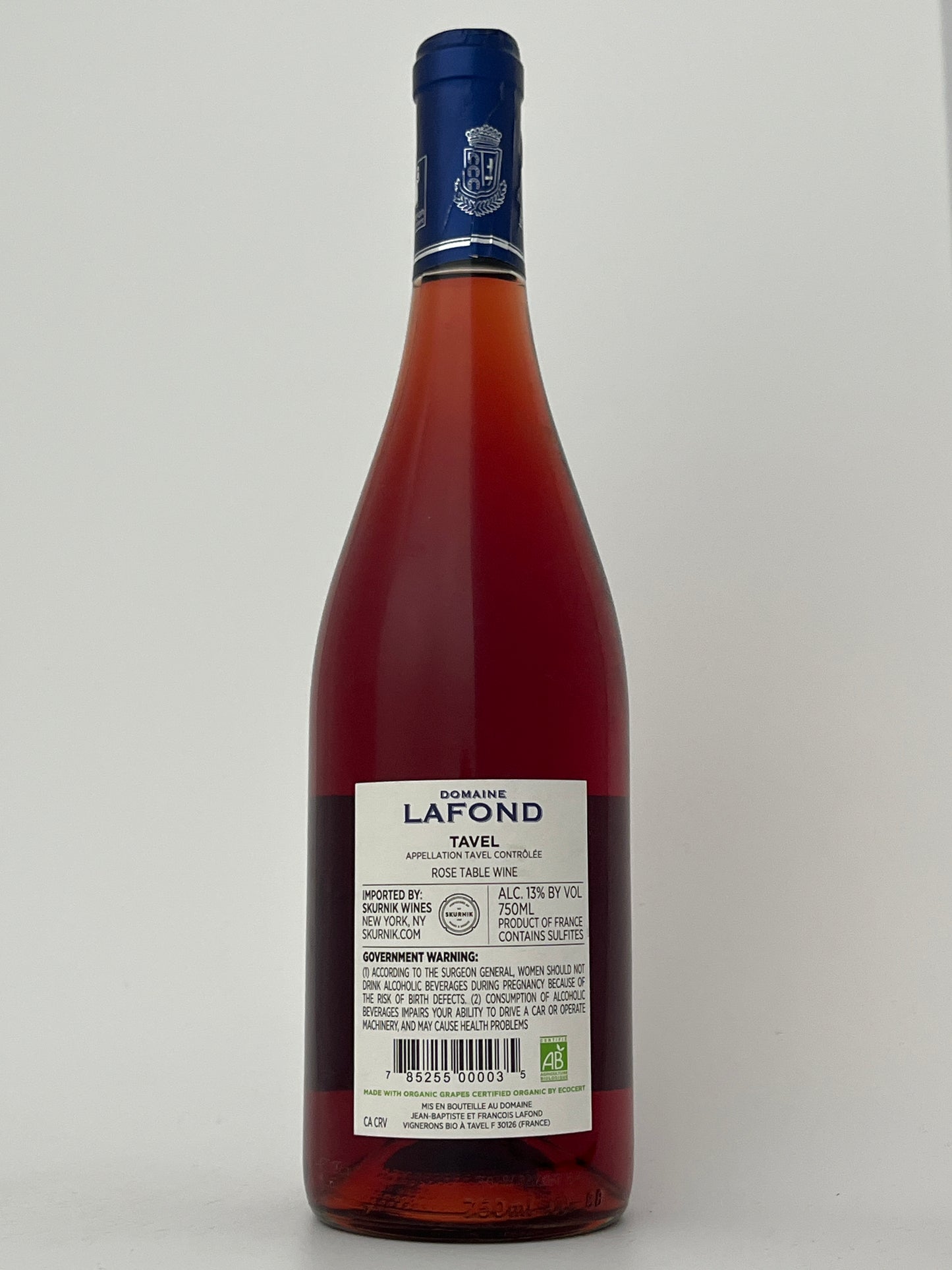 Back label of a bottle of Domaine Lafond, Rose of Grenache, "Roc-Epire," Tavel, Rhone, France 2024 in a white backround.