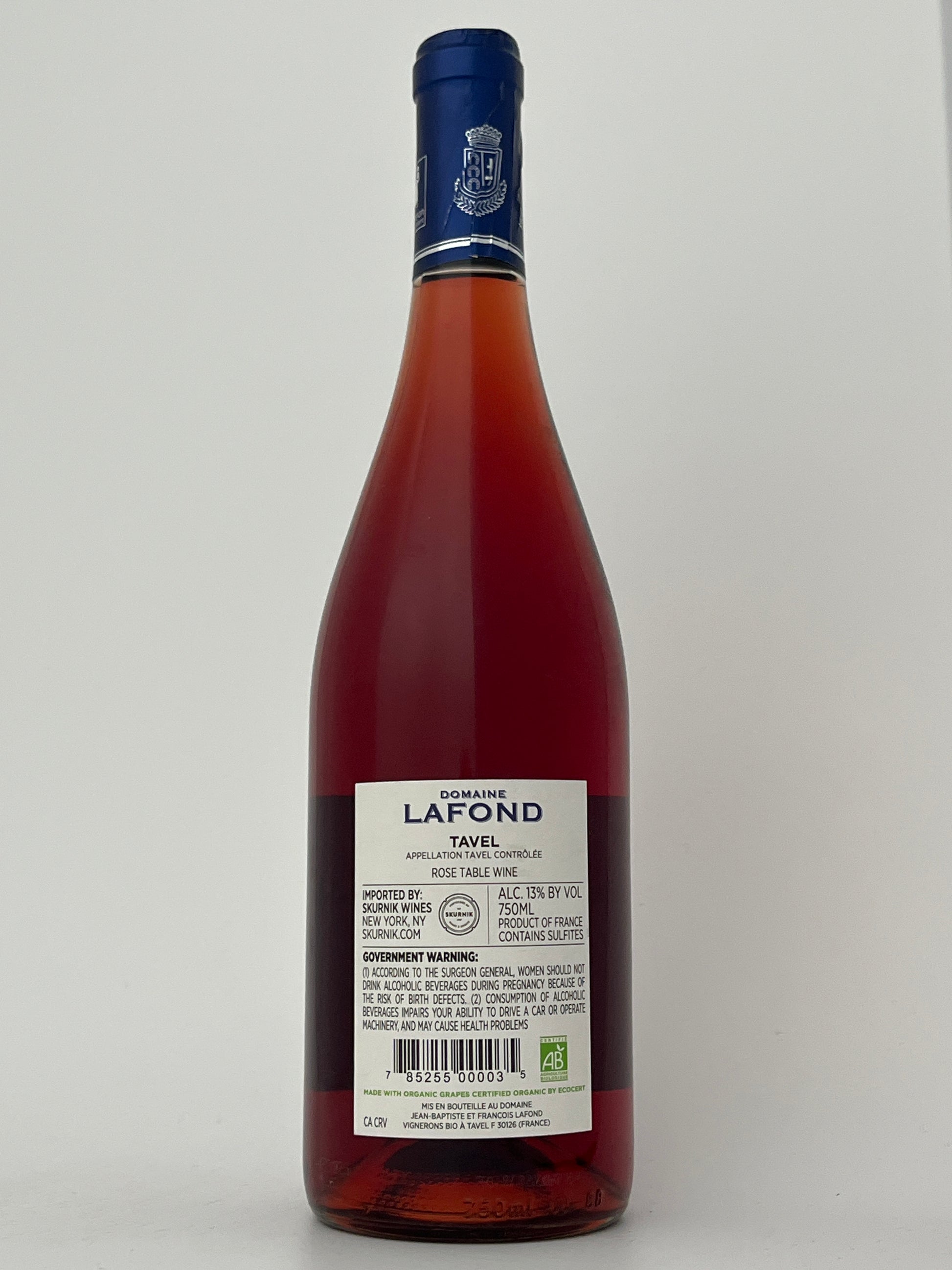 Back label of a bottle of Domaine Lafond, Rose of Grenache, "Roc-Epire," Tavel, Rhone, France 2024 in a white backround.